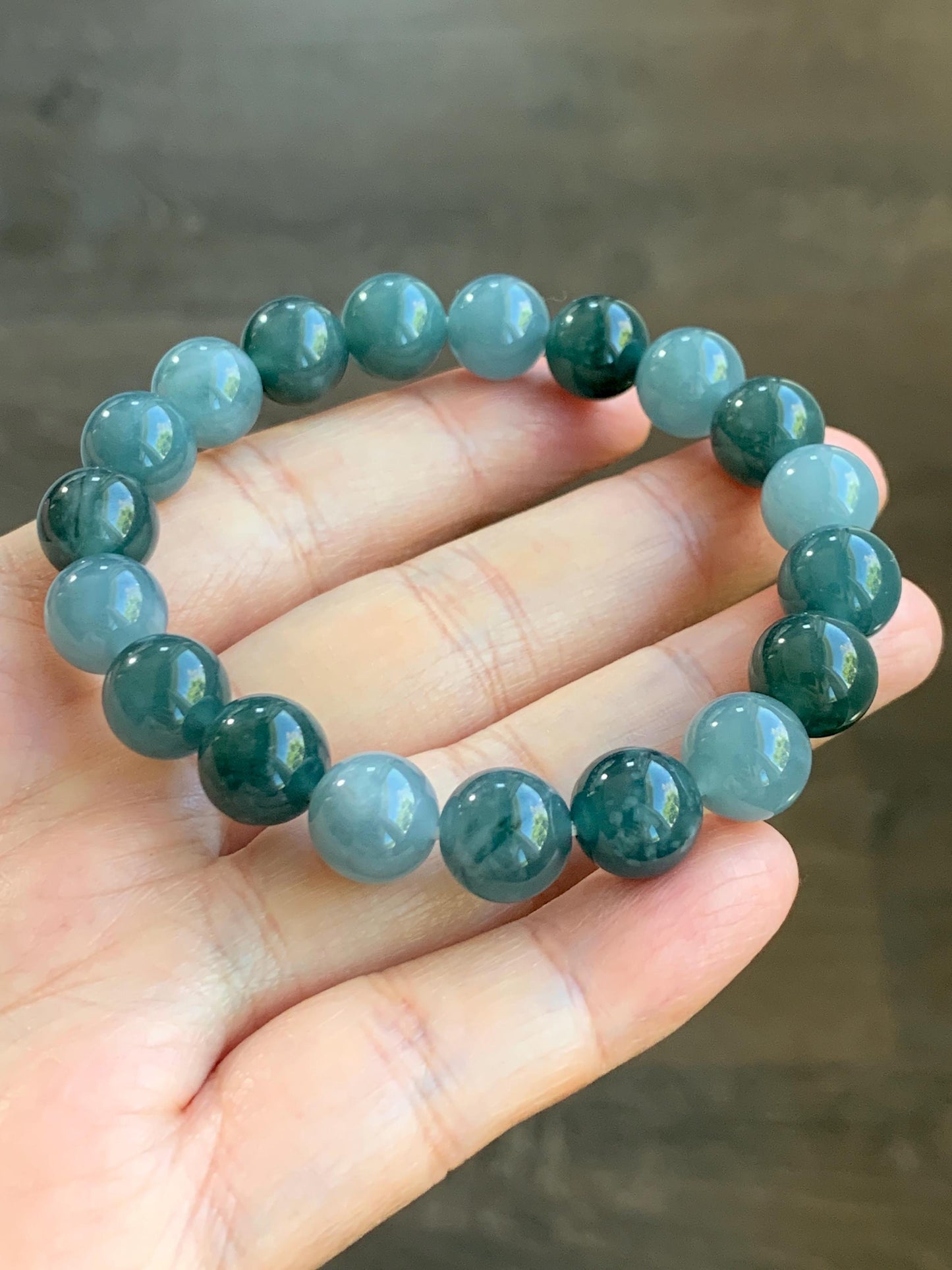 Natural Grade A Guatemalan Icy Translucent Dusty Teal Blue Multicolored Jade Jadeite Beaded Bracelet 9.7mm 7” 31g 天然冰危蓝水多宝翡翠手串 WDB150B