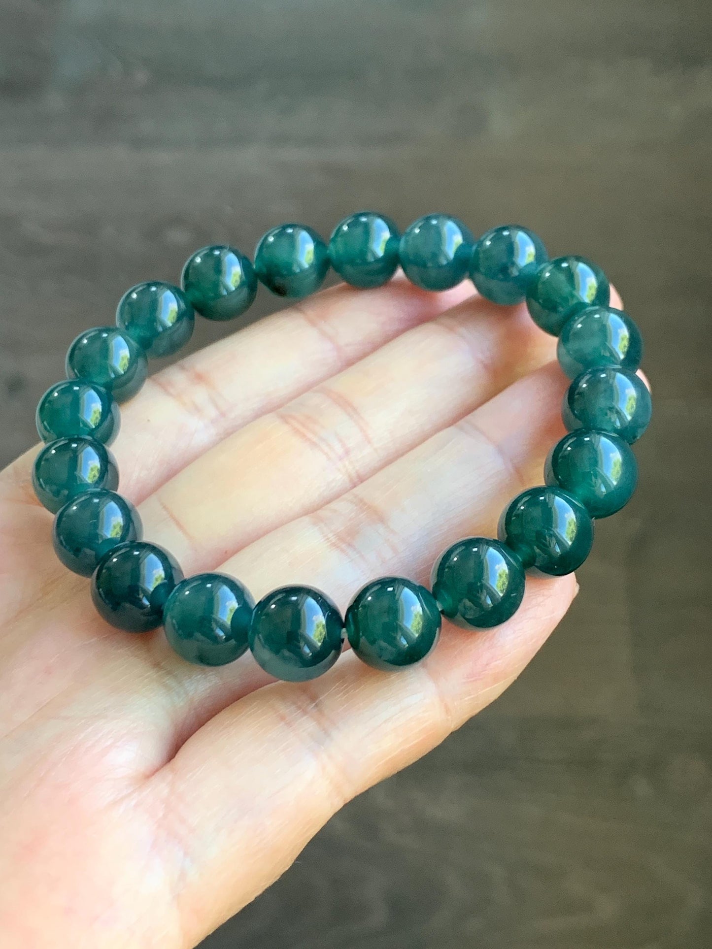 Natural Grade A Guatemalan Icy Translucent Dark Teal Blue Jade Jadeite Beaded Bracelet Stretchy 9.8mm 7.25” 32g 天然冰危深蓝翡翠圆珠手串 SHW660A