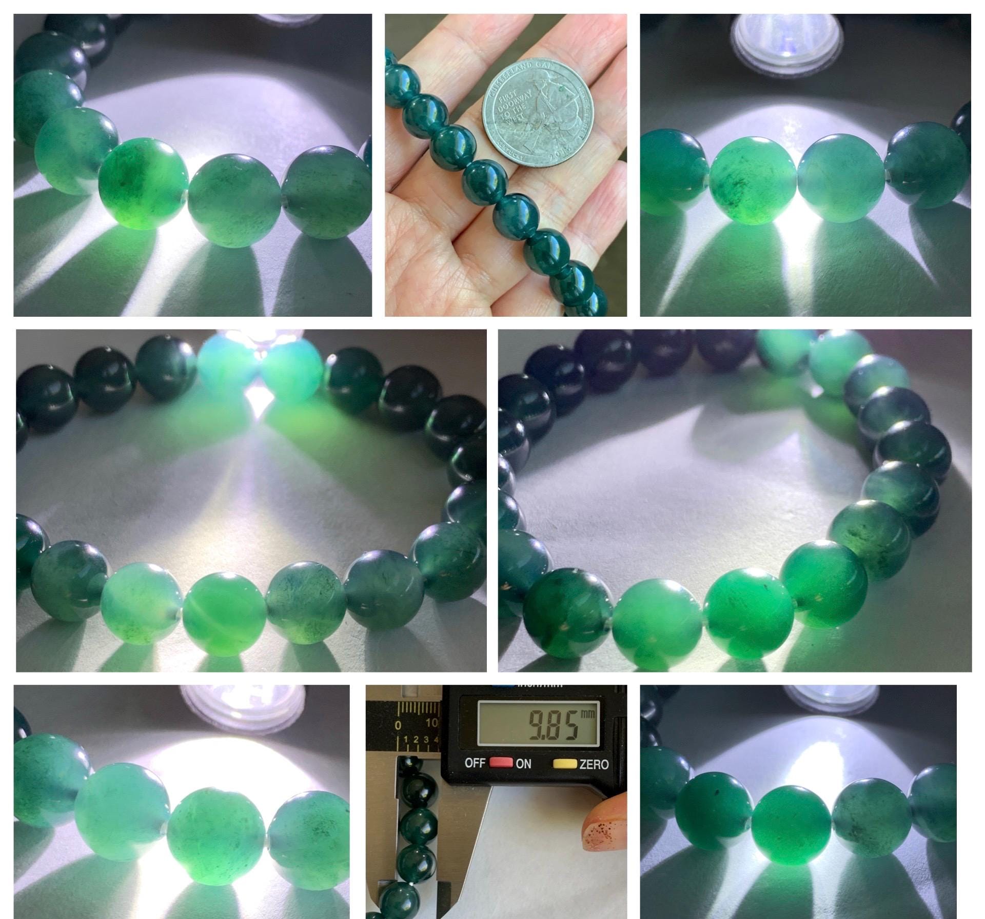 Natural Grade A Guatemalan Icy Translucent Dark Teal Blue Jade Jadeite Beaded Bracelet Stretchy 9.8mm 7.25” 32g 天然冰危深蓝翡翠圆珠手串 SHW660A