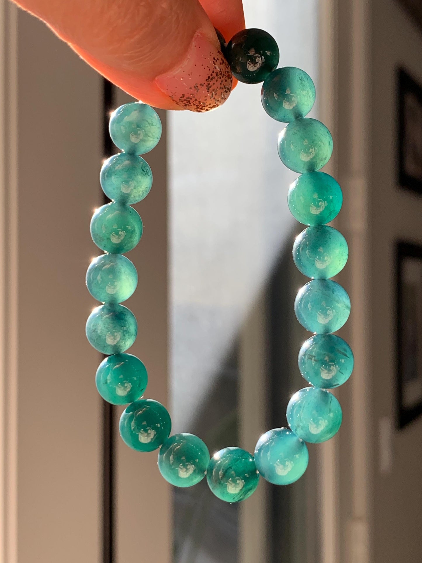 Natural Grade A Guatemalan Icy Translucent Dark Teal Blue Jade Jadeite Beaded Bracelet Stretchy 9.8mm 7.25” 32g 天然冰危深蓝翡翠圆珠手串 SHW660A