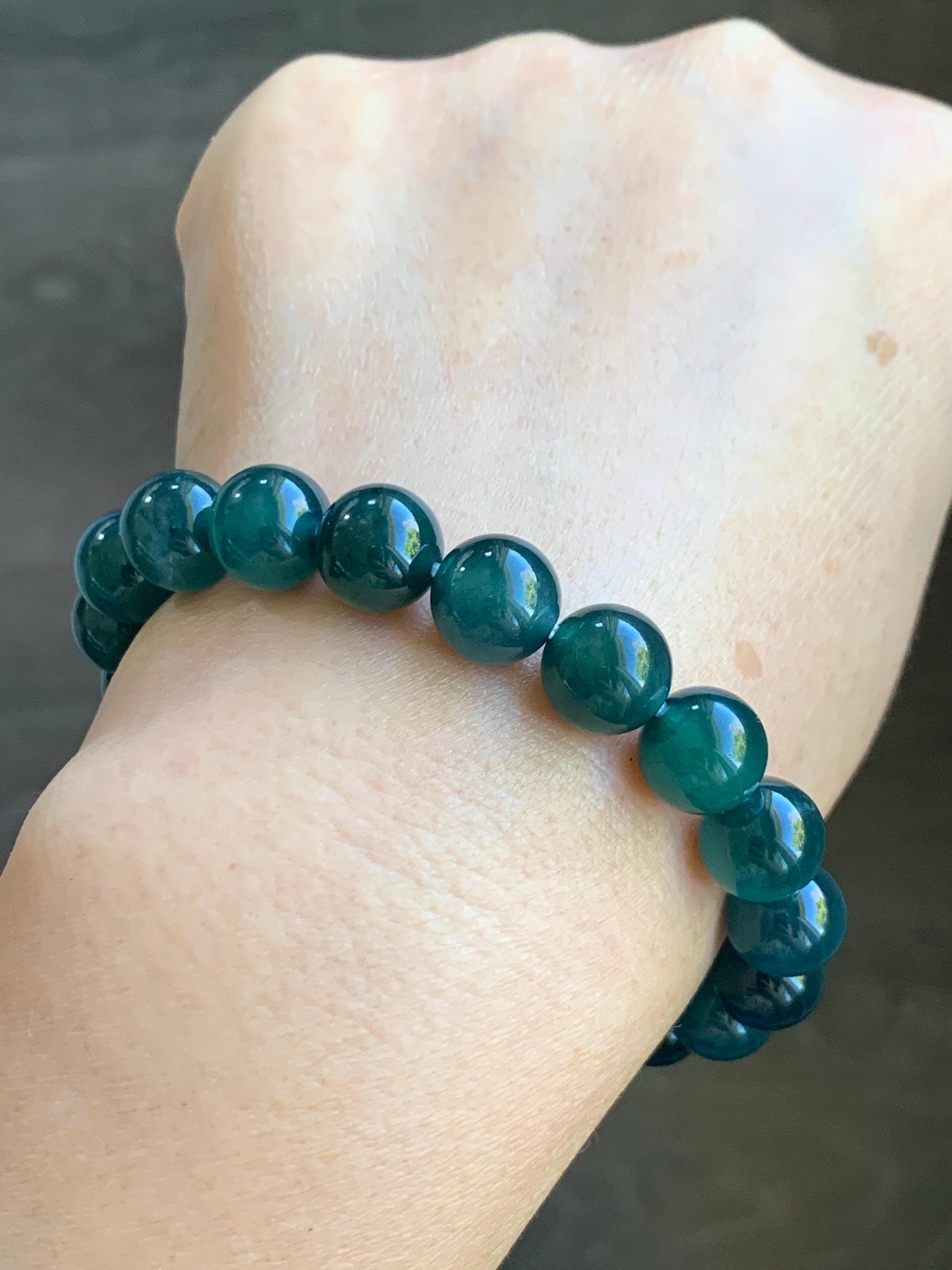 Natural Grade A Guatemalan Icy Translucent Dark Teal Blue Jade Jadeite Beaded Bracelet Stretchy 9.8mm 7.25” 32g 天然冰危深蓝翡翠圆珠手串 SHW660A