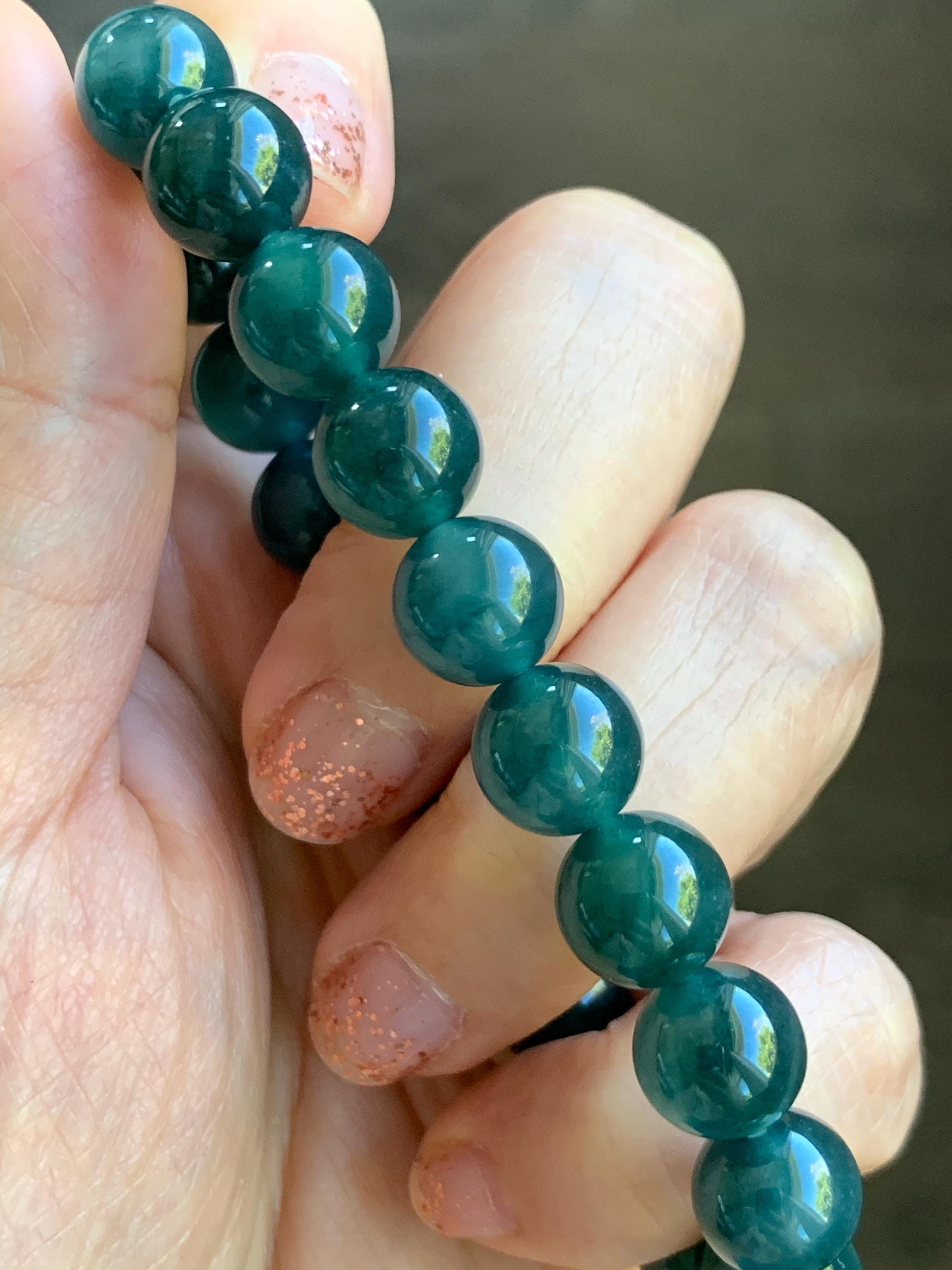 Natural Grade A Guatemalan Icy Translucent Dark Teal Blue Jade Jadeite Beaded Bracelet Stretchy 9.8mm 7.25” 32g 天然冰危深蓝翡翠圆珠手串 SHW660A