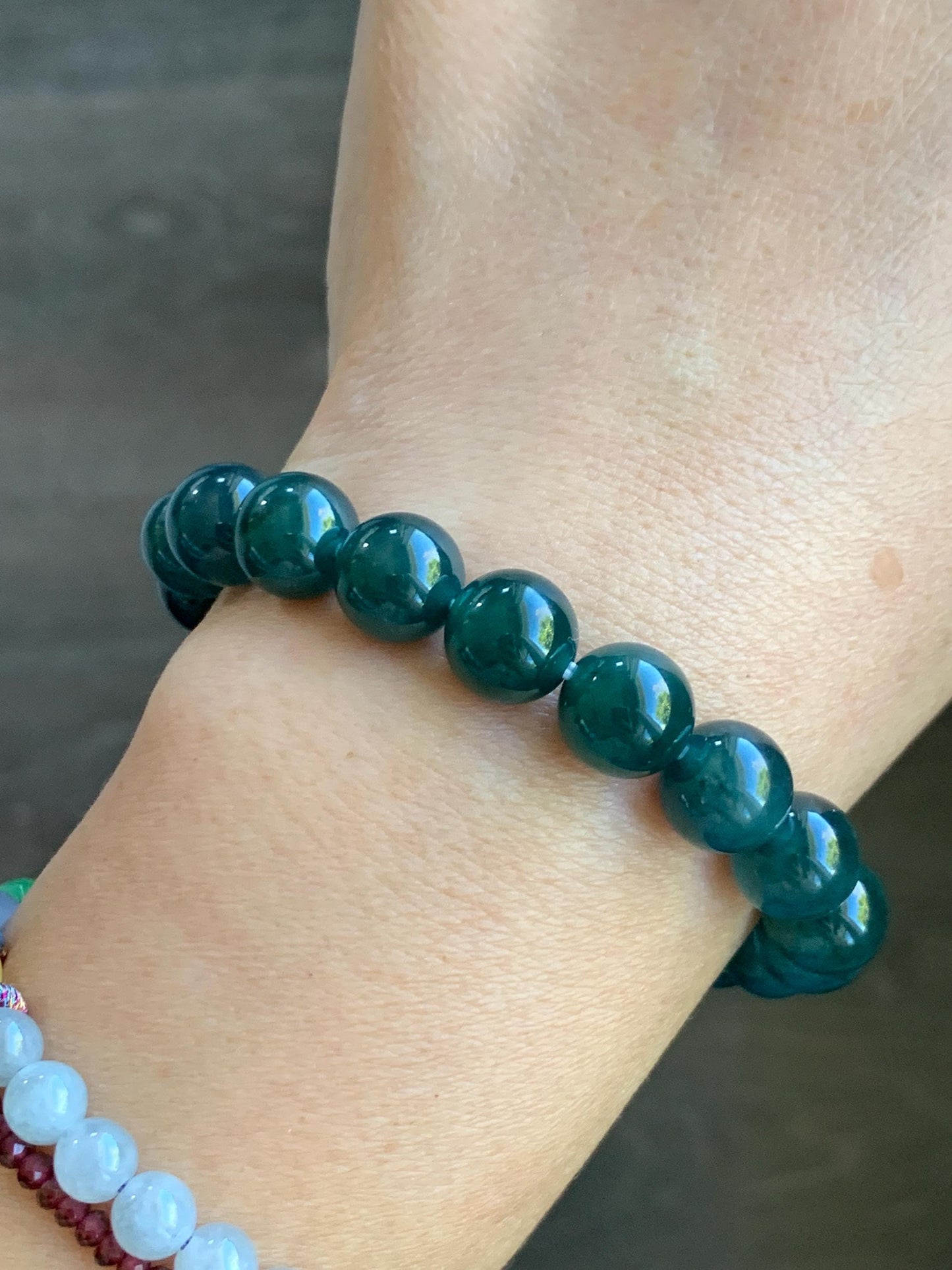 Natural Grade A Guatemalan Icy Translucent Dark Teal Blue Jade Jadeite Beaded Bracelet Stretchy 9.8mm 7.25” 32g 天然冰危深蓝翡翠圆珠手串 SHW660A