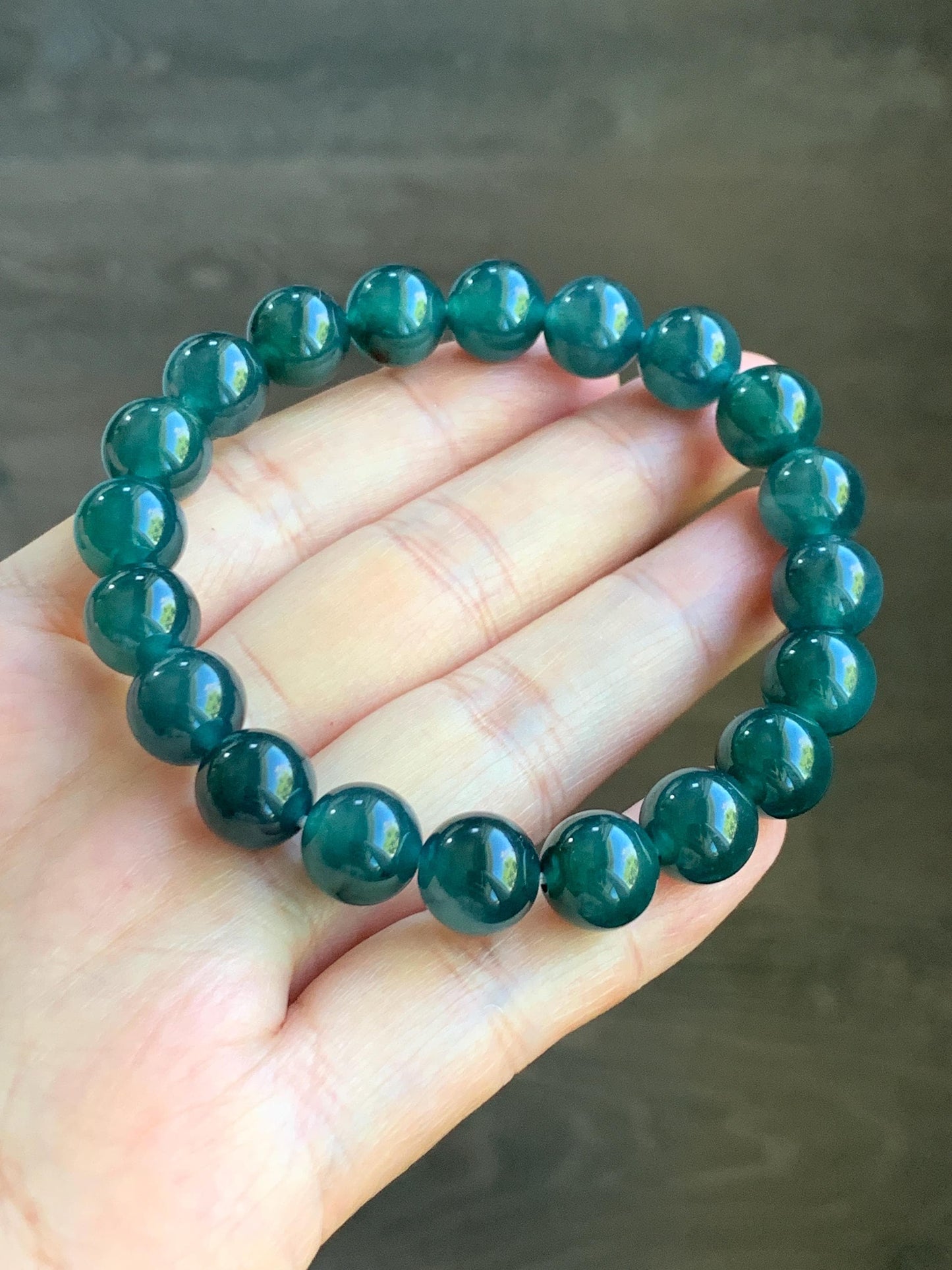Natural Grade A Guatemalan Icy Translucent Dark Teal Blue Jade Jadeite Beaded Bracelet Stretchy 9.8mm 7.25” 32g 天然冰危深蓝翡翠圆珠手串 SHW660A