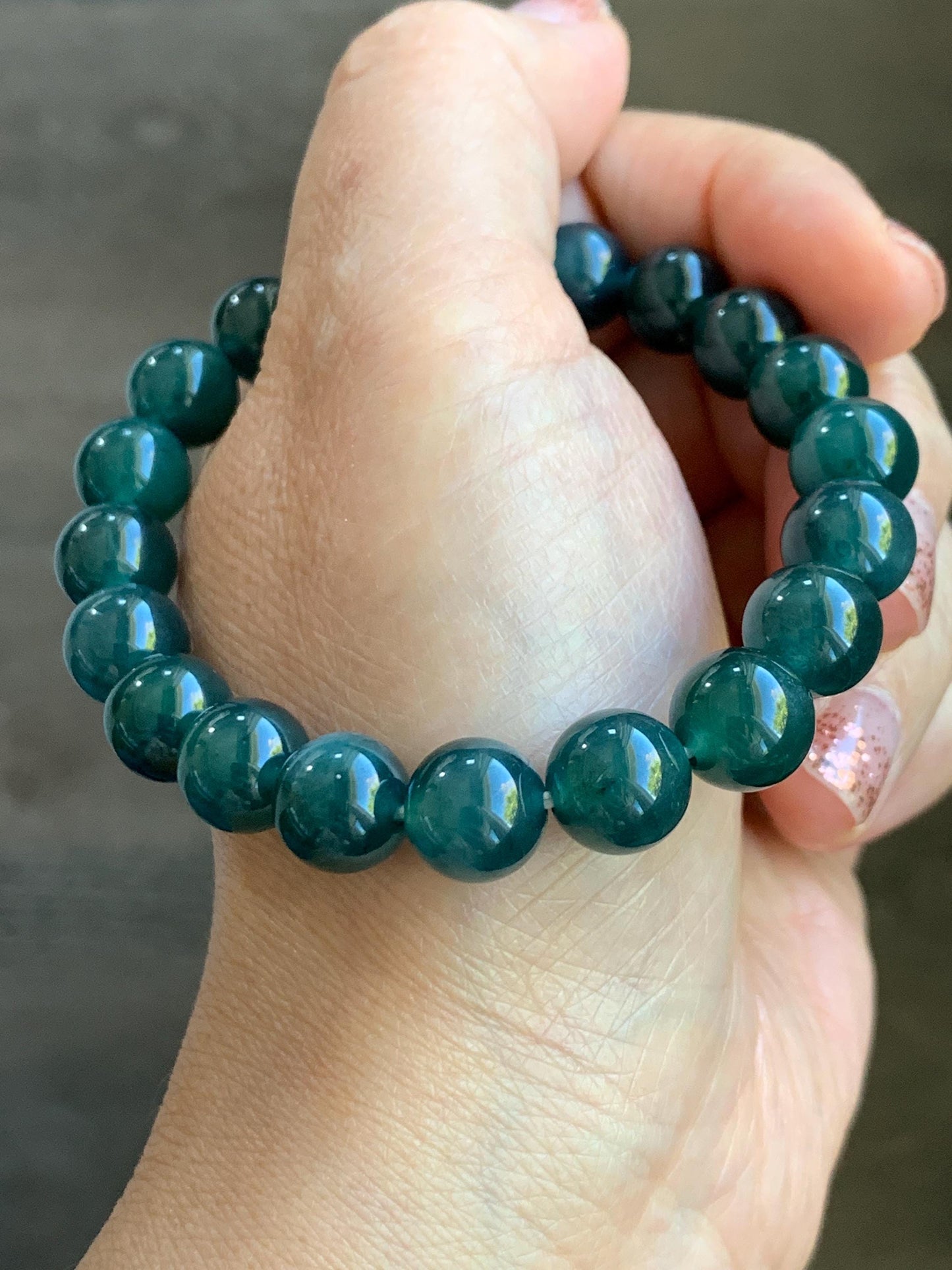 Natural Grade A Guatemalan Icy Translucent Dark Teal Blue Jade Jadeite Beaded Bracelet Stretchy 9.8mm 7.25” 32g 天然冰危深蓝翡翠圆珠手串 SHW660A