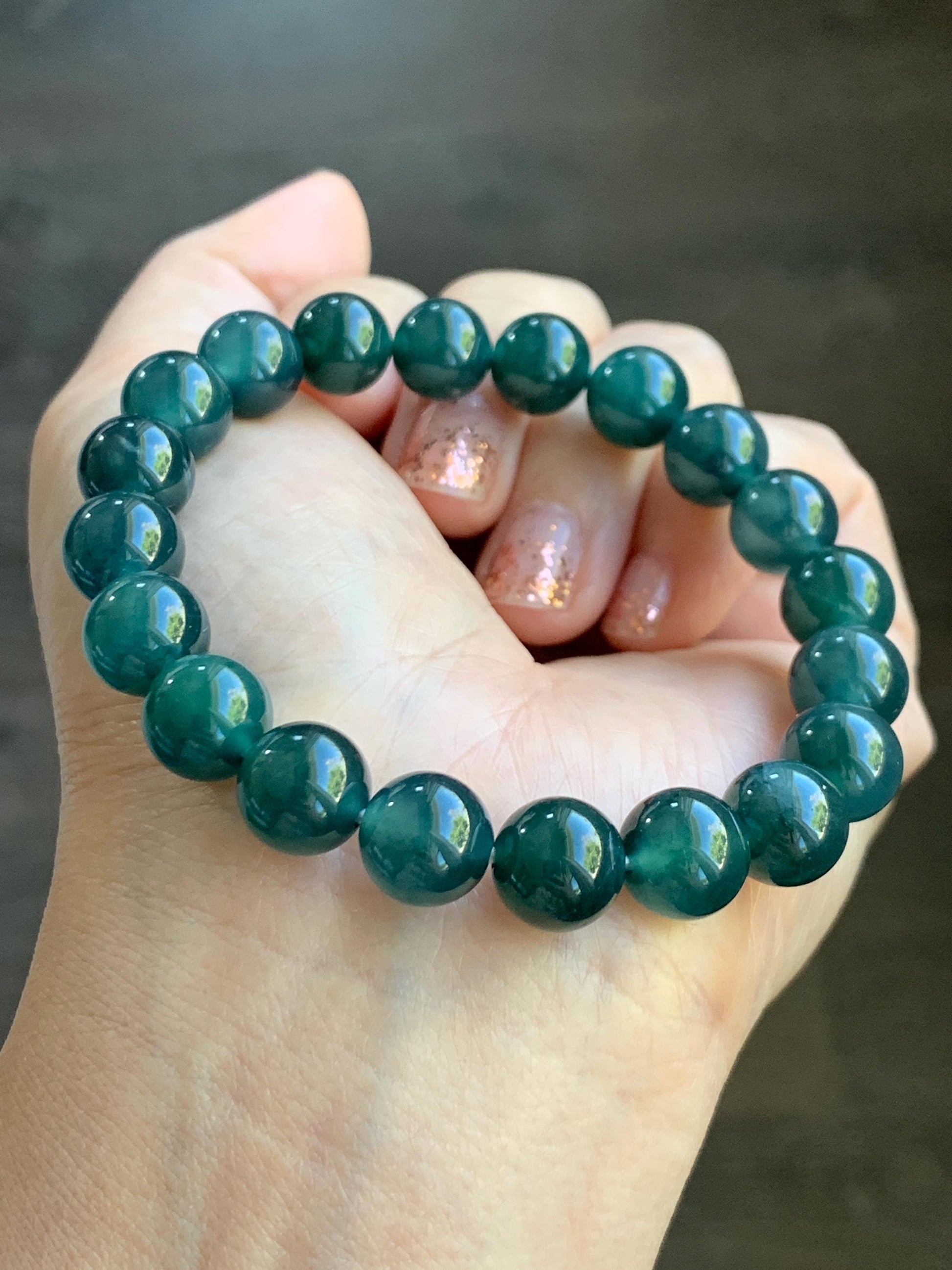 Natural Grade A Guatemalan Icy Translucent Dark Teal Blue Jade Jadeite Beaded Bracelet Stretchy 9.8mm 7.25” 32g 天然冰危深蓝翡翠圆珠手串 SHW660A