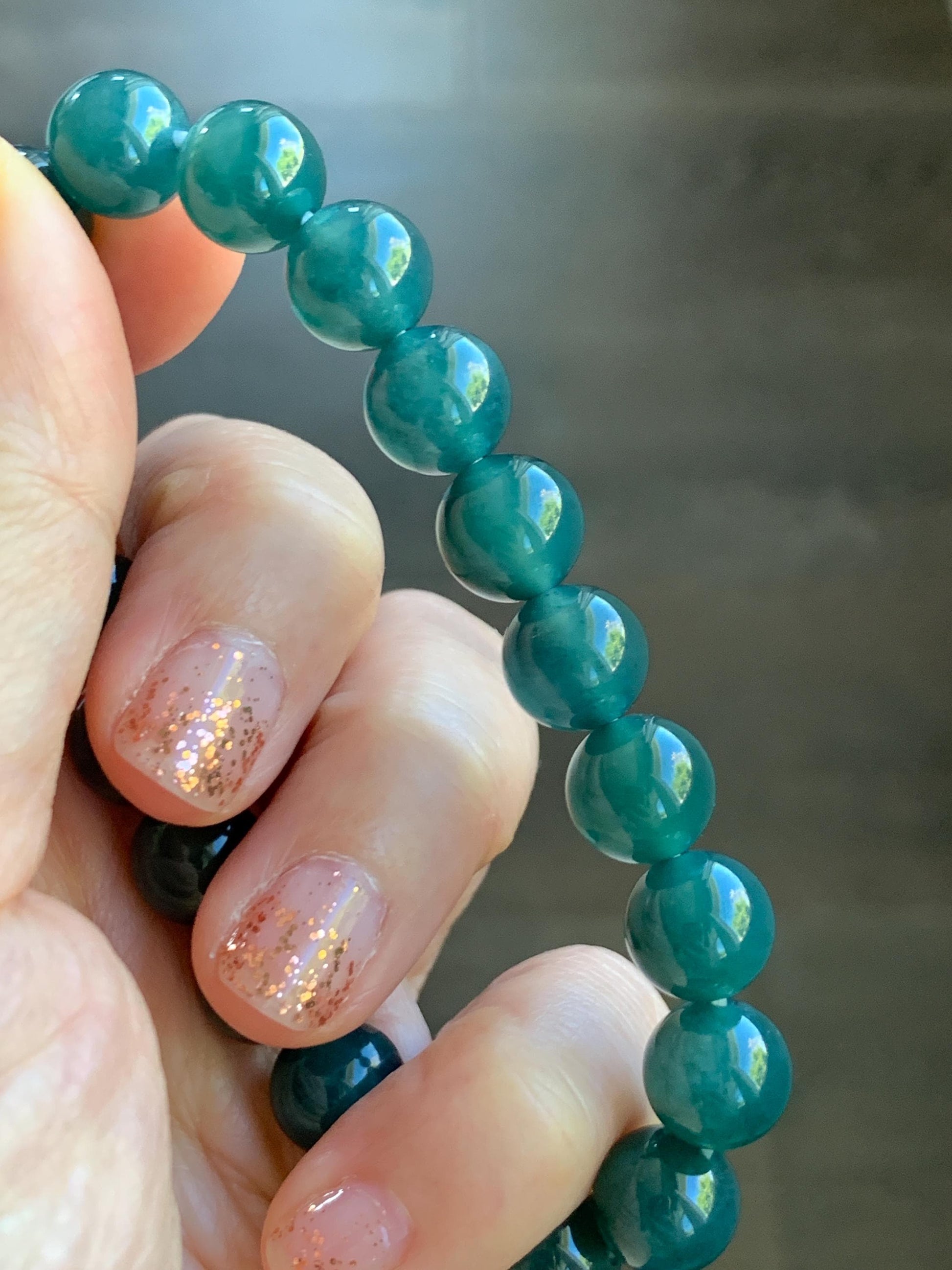 Natural Grade A Guatemalan Icy Translucent Dark Teal Blue Jade Jadeite Beaded Bracelet Stretchy 9.8mm 7.25” 32g 天然冰危深蓝翡翠圆珠手串 SHW660B