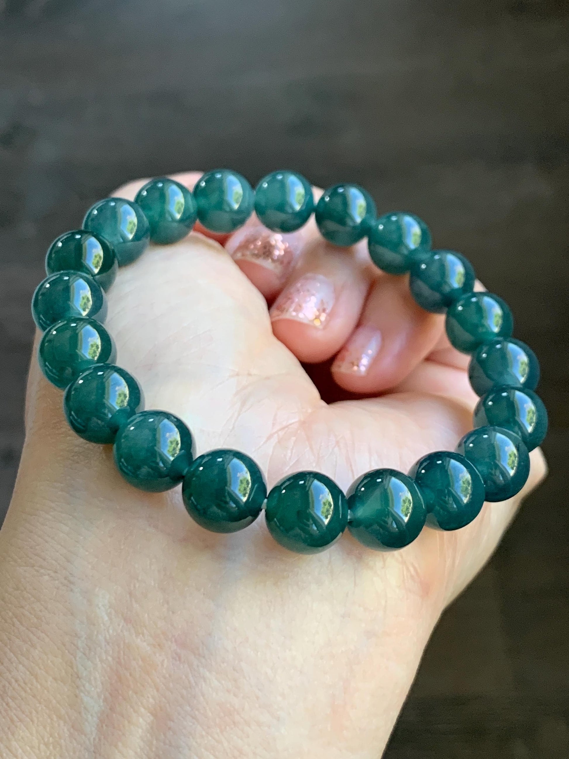 Natural Grade A Guatemalan Icy Translucent Dark Teal Blue Jade Jadeite Beaded Bracelet Stretchy 9.8mm 7.25” 32g 天然冰危深蓝翡翠圆珠手串 SHW660B