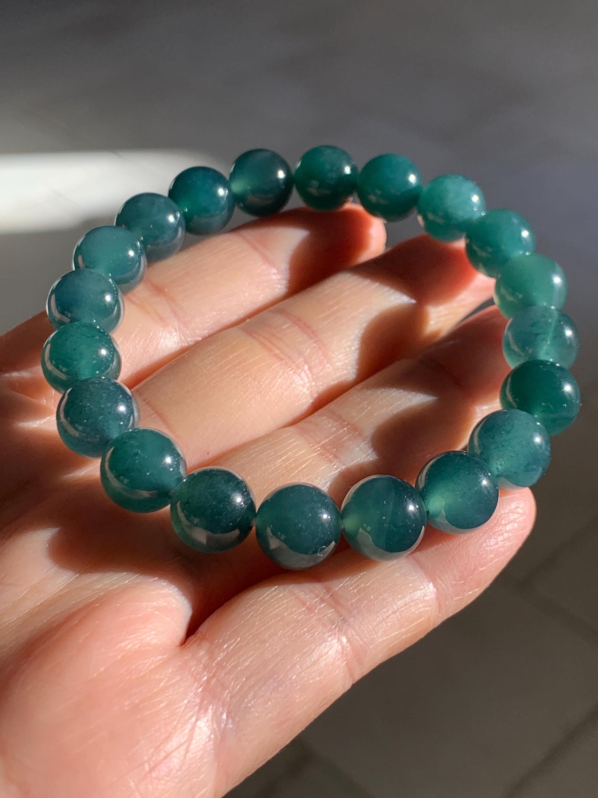 Natural Grade A Guatemalan Icy Translucent Dark Teal Blue Jade Jadeite Beaded Bracelet Stretchy 9.8mm 7.25” 32g 天然冰危深蓝翡翠圆珠手串 SHW660B