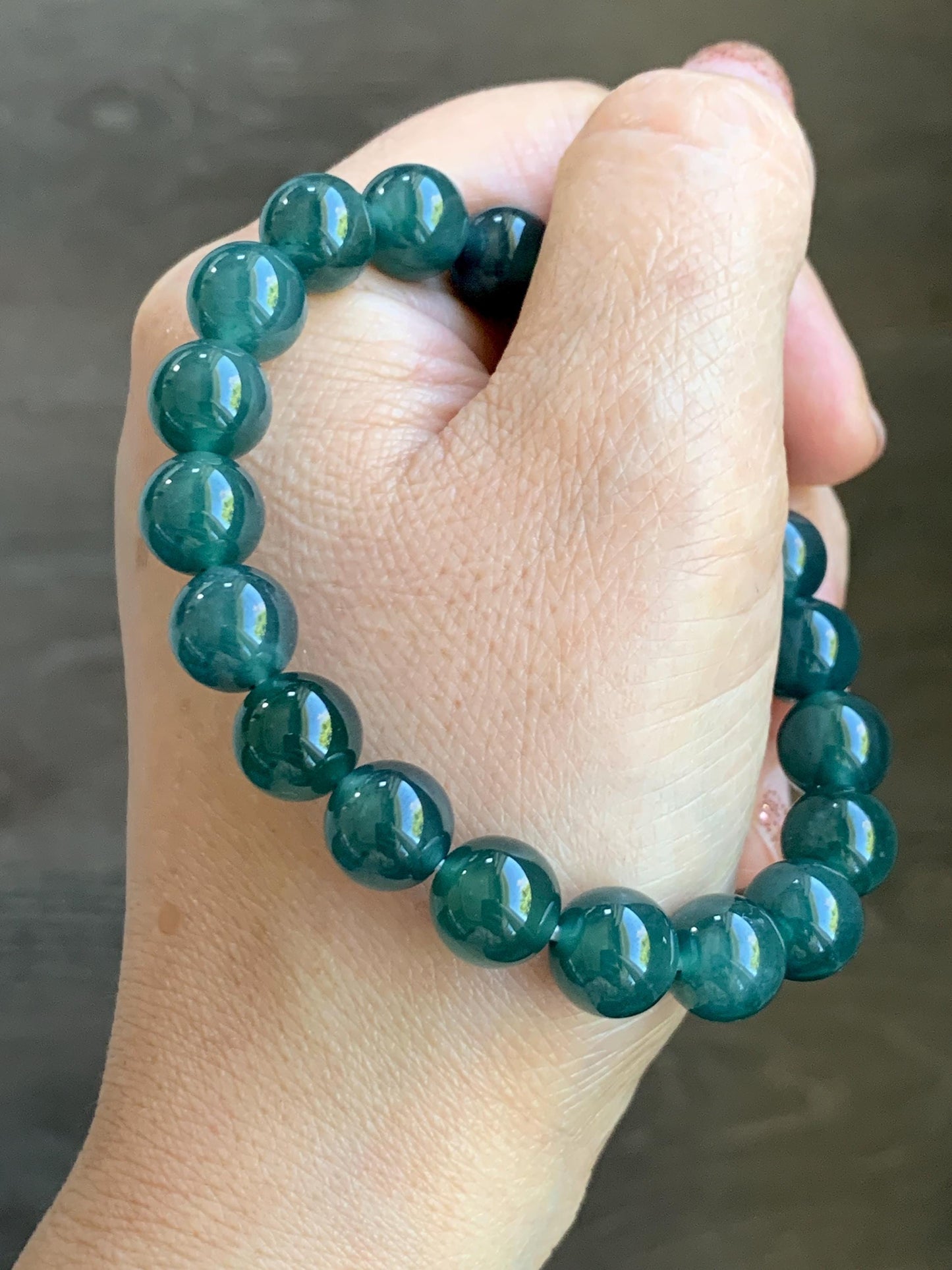 Natural Grade A Guatemalan Icy Translucent Dark Teal Blue Jade Jadeite Beaded Bracelet Stretchy 9.8mm 7.25” 32g 天然冰危深蓝翡翠圆珠手串 SHW660B