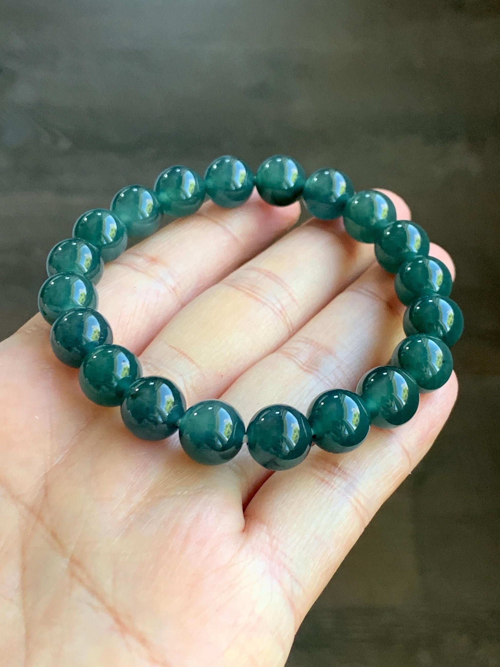 Natural Grade A Guatemalan Icy Translucent Dark Teal Blue Jade Jadeite Beaded Bracelet Stretchy 9.8mm 7.25” 32g 天然冰危深蓝翡翠圆珠手串 SHW660B