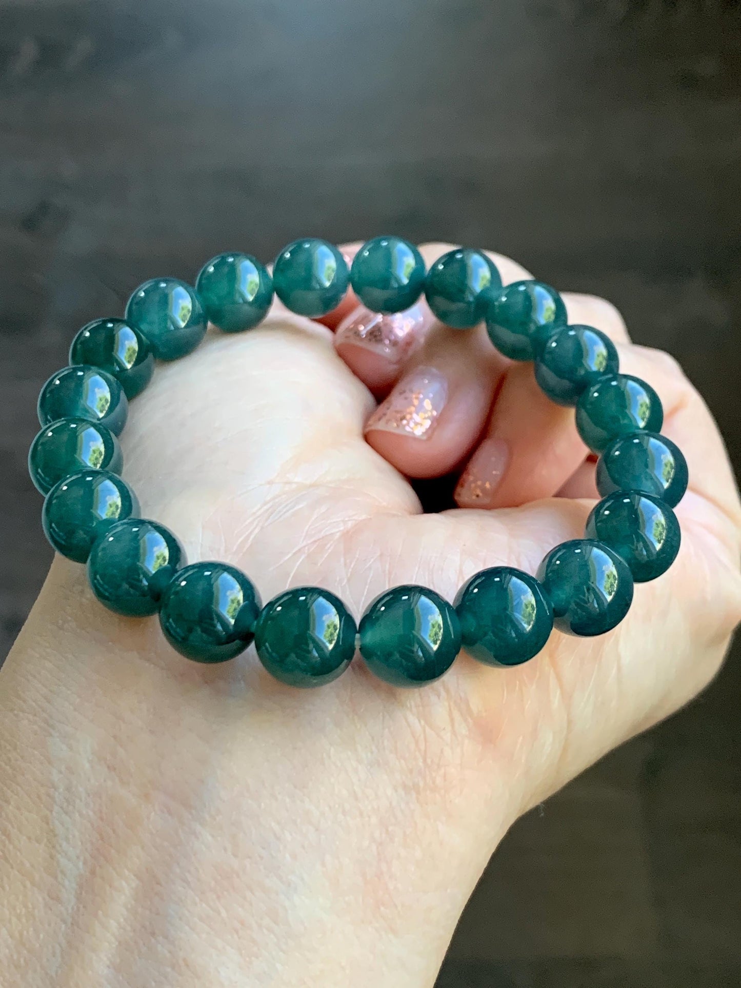 Natural Grade A Guatemalan Icy Translucent Dark Teal Blue Jade Jadeite Beaded Bracelet Stretchy 9.8mm 7.25” 32g 天然冰危深蓝翡翠圆珠手串 SHW660B