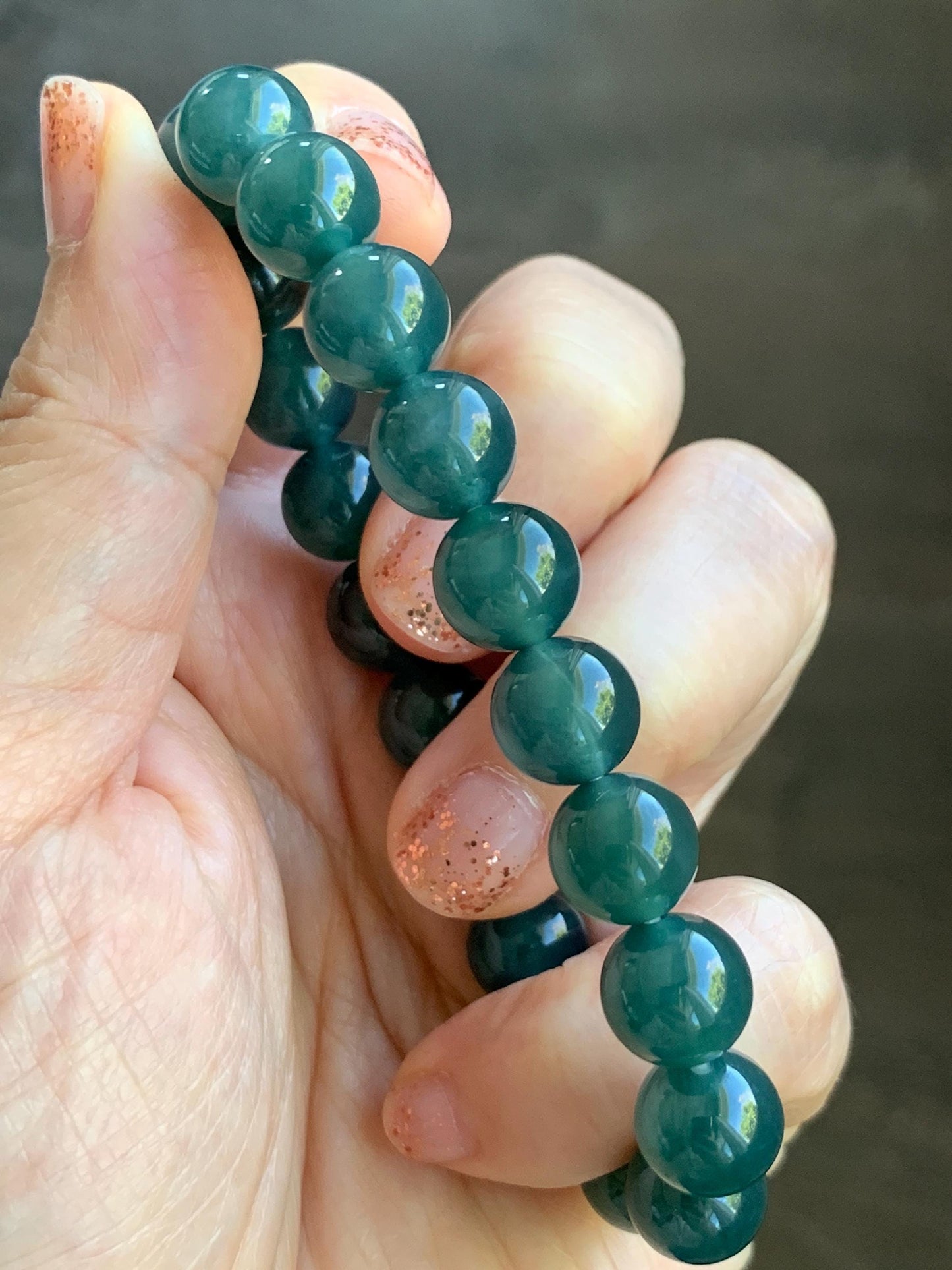 Natural Grade A Guatemalan Icy Translucent Dark Teal Blue Jade Jadeite Beaded Bracelet Stretchy 9.8mm 7.25” 32g 天然冰危深蓝翡翠圆珠手串 SHW660B