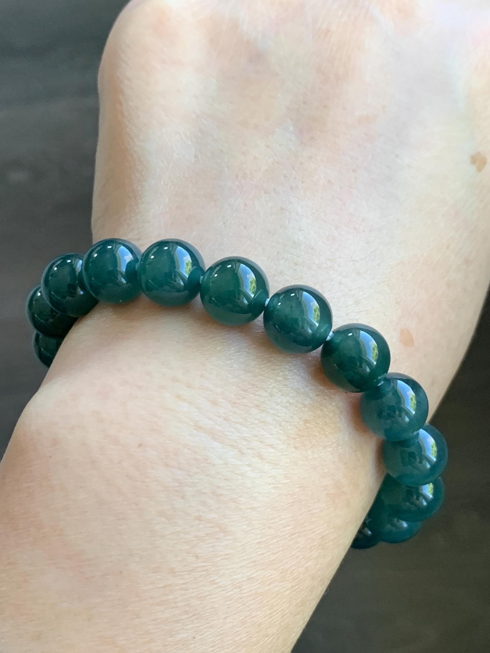 Natural Grade A Guatemalan Icy Translucent Dark Teal Blue Jade Jadeite Beaded Bracelet Stretchy 9.8mm 7.25” 32g 天然冰危深蓝翡翠圆珠手串 SHW660B