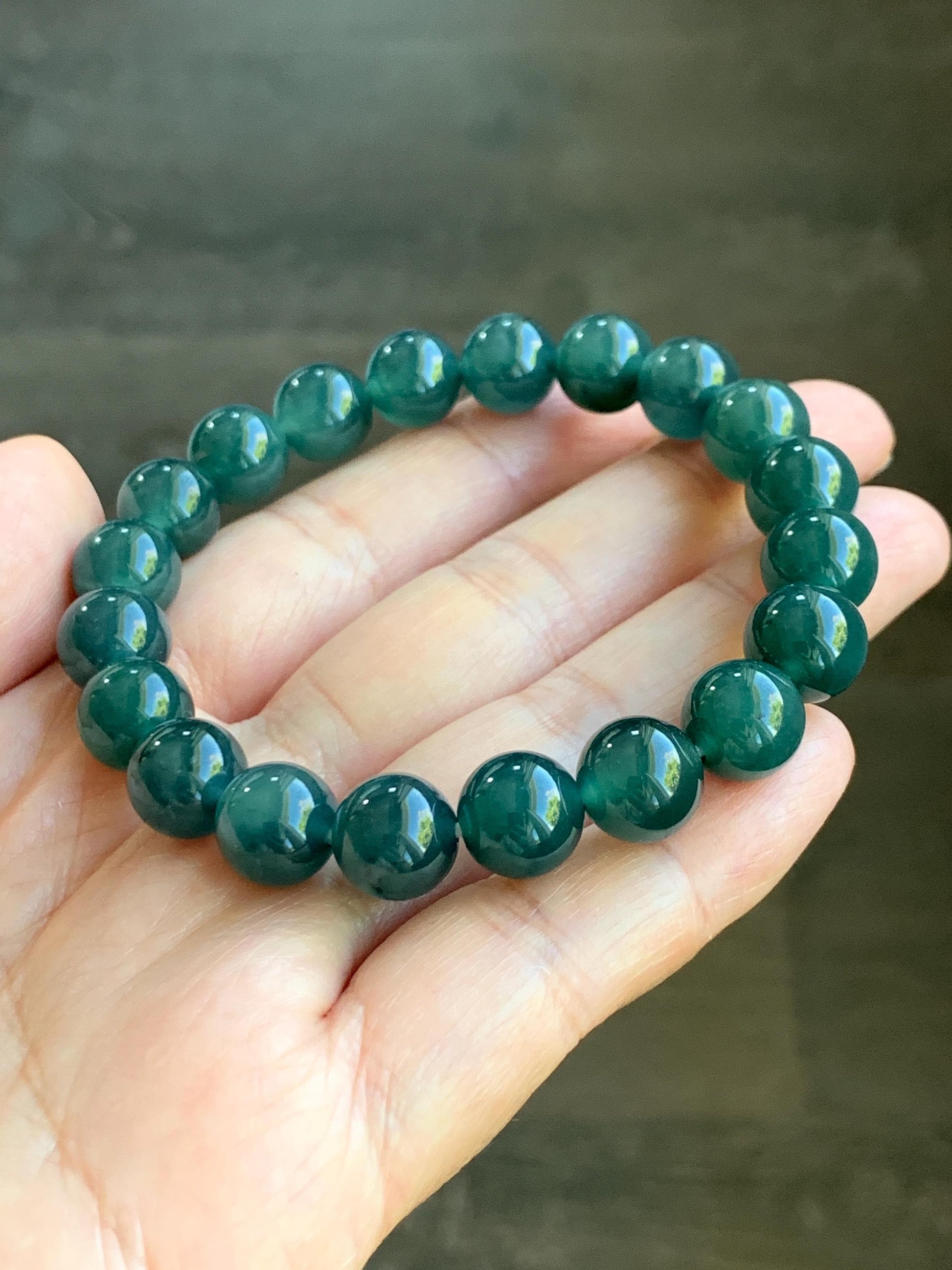 Natural Grade A Guatemalan Icy Translucent Dark Teal Blue Jade Jadeite Beaded Bracelet Stretchy 9.8mm 7.25” 32g 天然冰危深蓝翡翠圆珠手串 SHW660B