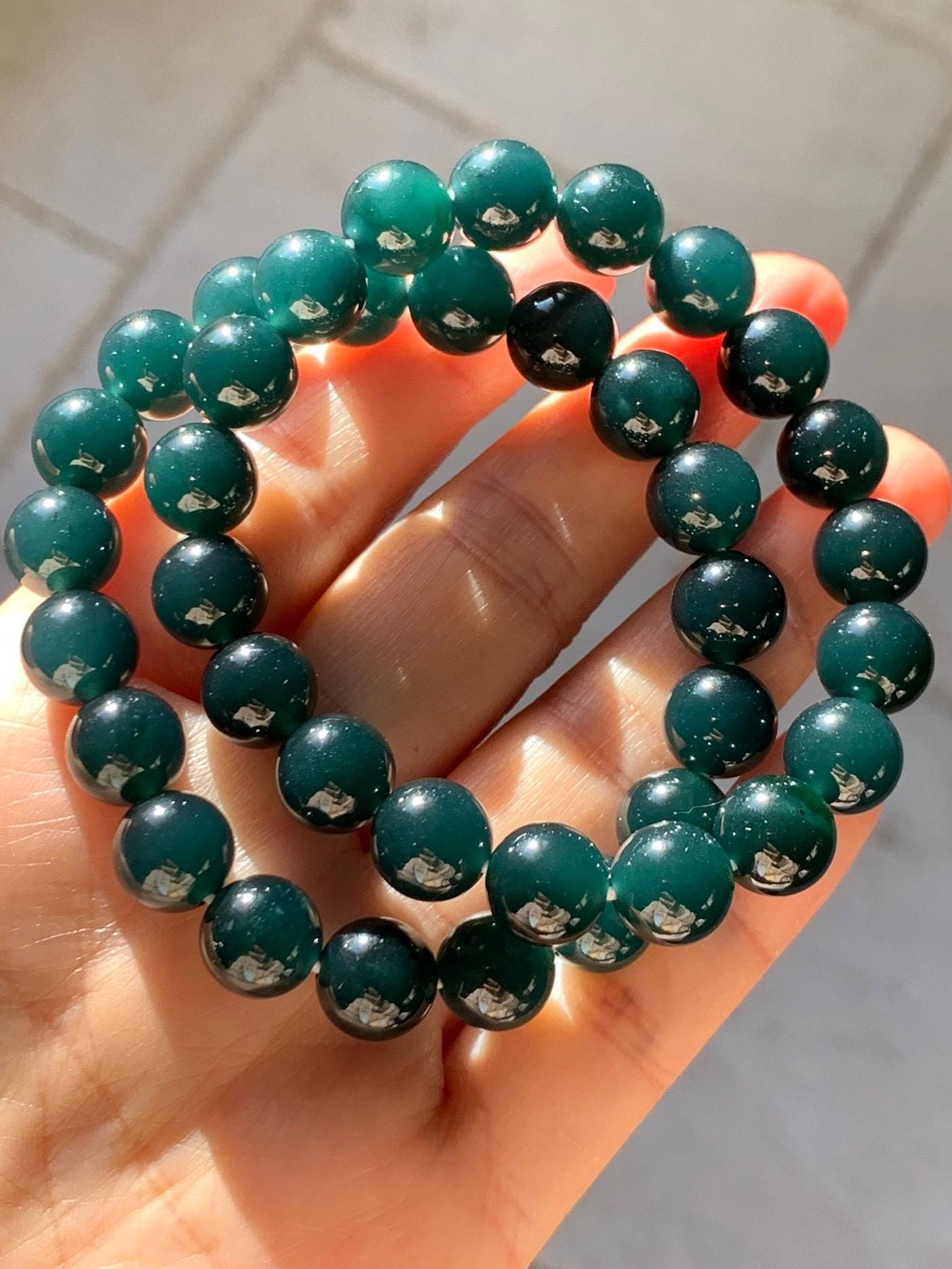 Natural Grade A Guatemalan Icy Translucent Gelatinous Black Jade Jadeite Beaded Bracelet Old Mine 9.8mm 7” 31g 天然老种冰危蓝底墨翠大卡手串 WMC770