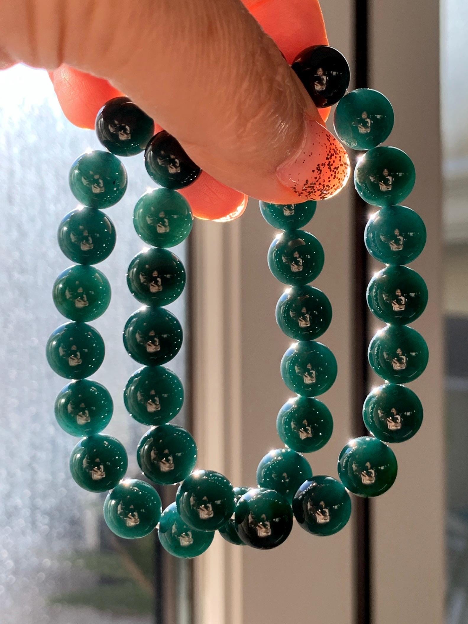 Natural Grade A Guatemalan Icy Translucent Gelatinous Black Jade Jadeite Beaded Bracelet Old Mine 9.8mm 7” 31g 天然老种冰危蓝底墨翠大卡手串 WMC770