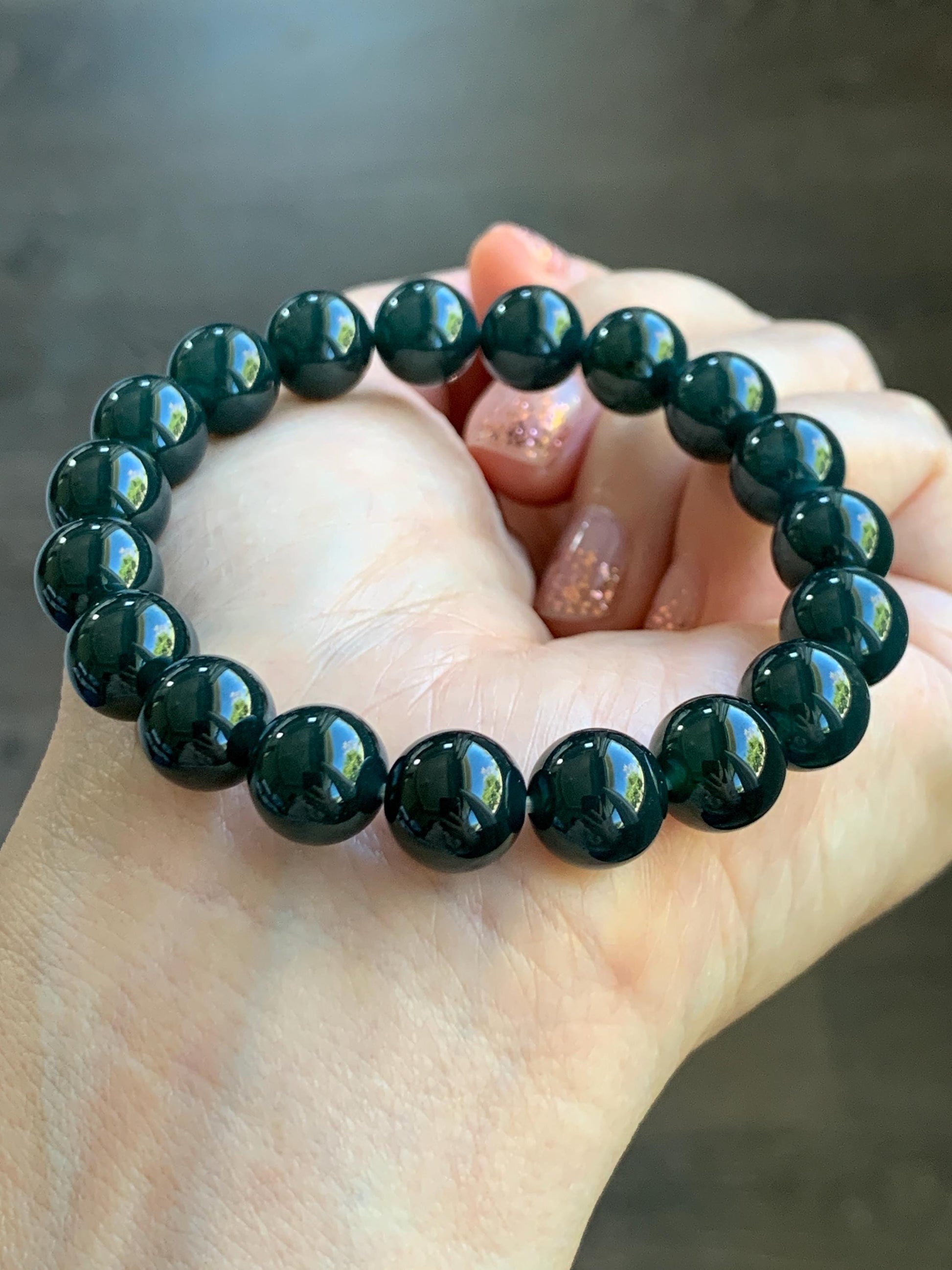 Natural Grade A Guatemalan Icy Translucent Gelatinous Black Jade Jadeite Beaded Bracelet Old Mine 9.8mm 7” 31g 天然老种冰危蓝底墨翠大卡手串 WMC770
