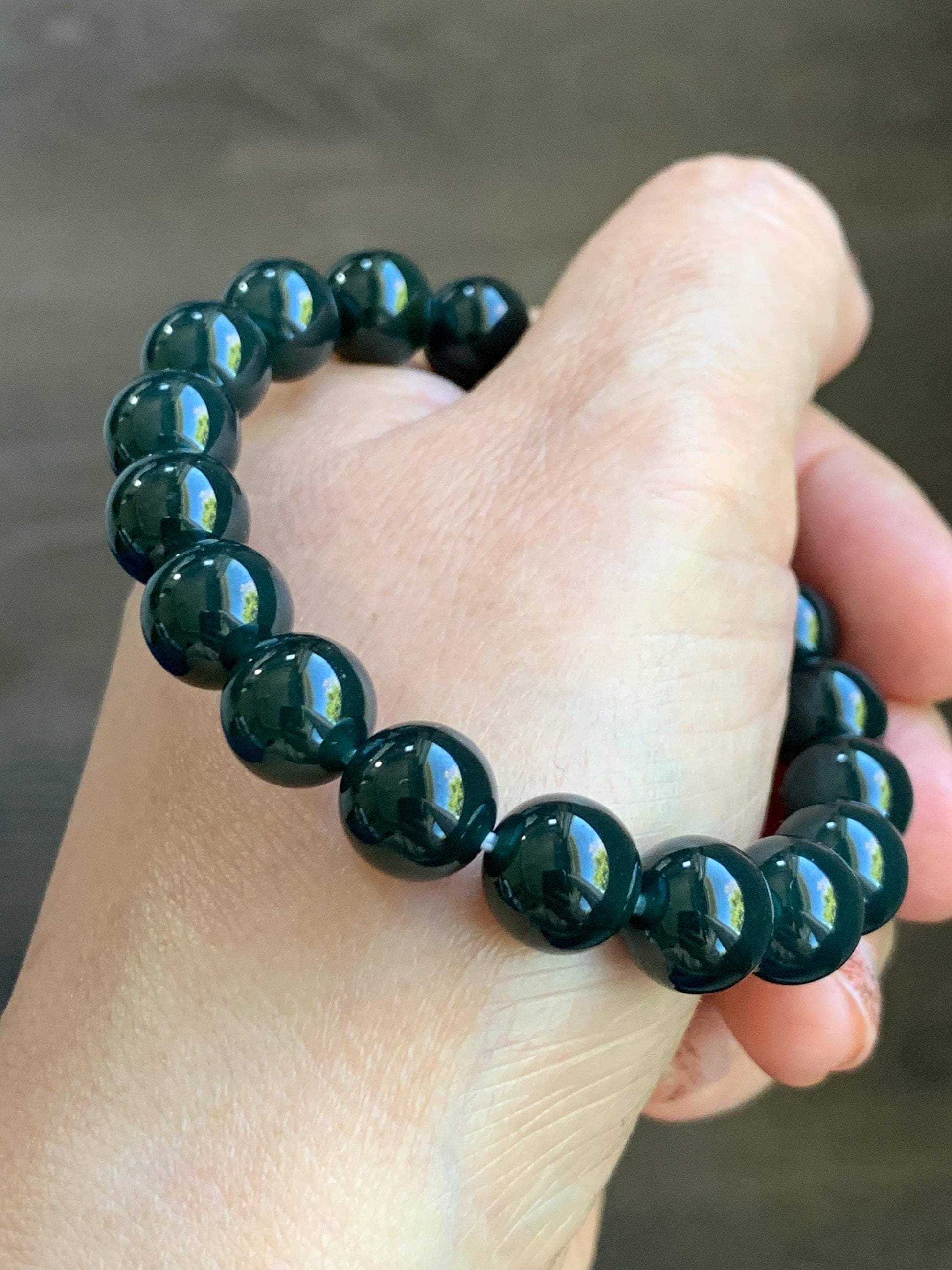 Natural Grade A Guatemalan Icy Translucent Gelatinous Black Jade Jadeite Beaded Bracelet Old Mine 9.8mm 7” 31g 天然老种冰危蓝底墨翠大卡手串 WMC770