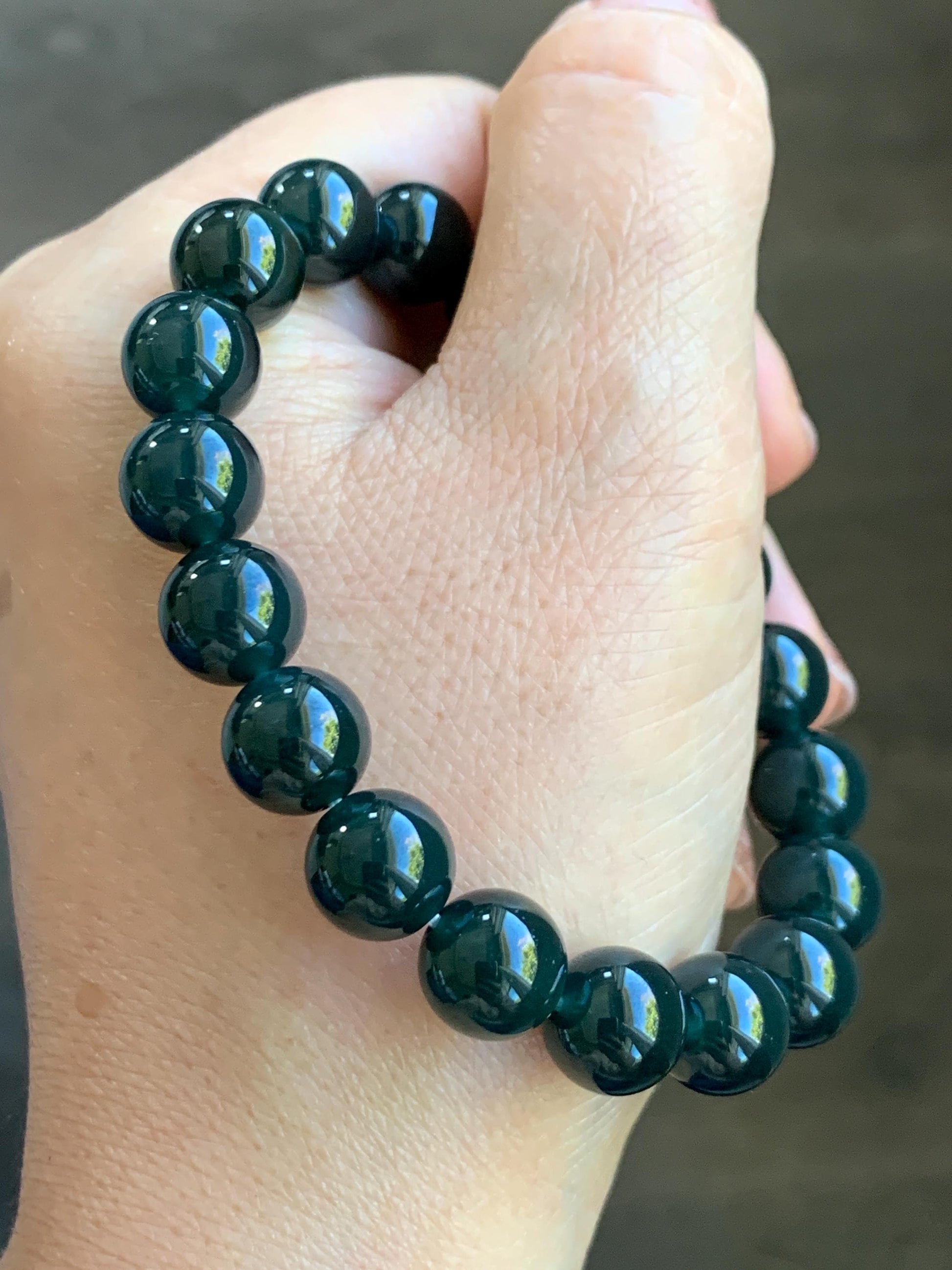 Natural Grade A Guatemalan Icy Translucent Gelatinous Black Jade Jadeite Beaded Bracelet Old Mine 9.8mm 7” 31g 天然老种冰危蓝底墨翠大卡手串 WMC770