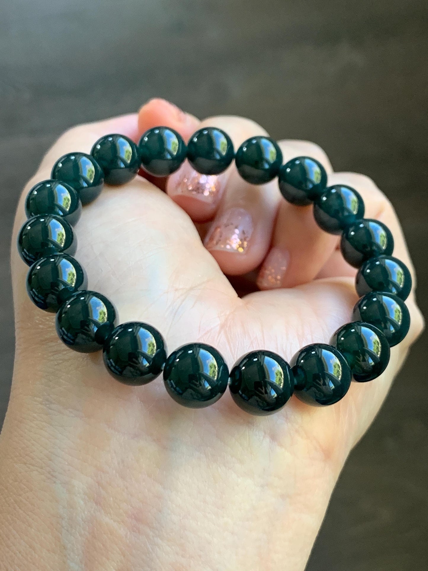Natural Grade A Guatemalan Icy Translucent Gelatinous Black Jade Jadeite Beaded Bracelet Old Mine 9.8mm 7” 31g 天然老种冰危蓝底墨翠大卡手串 WMC770