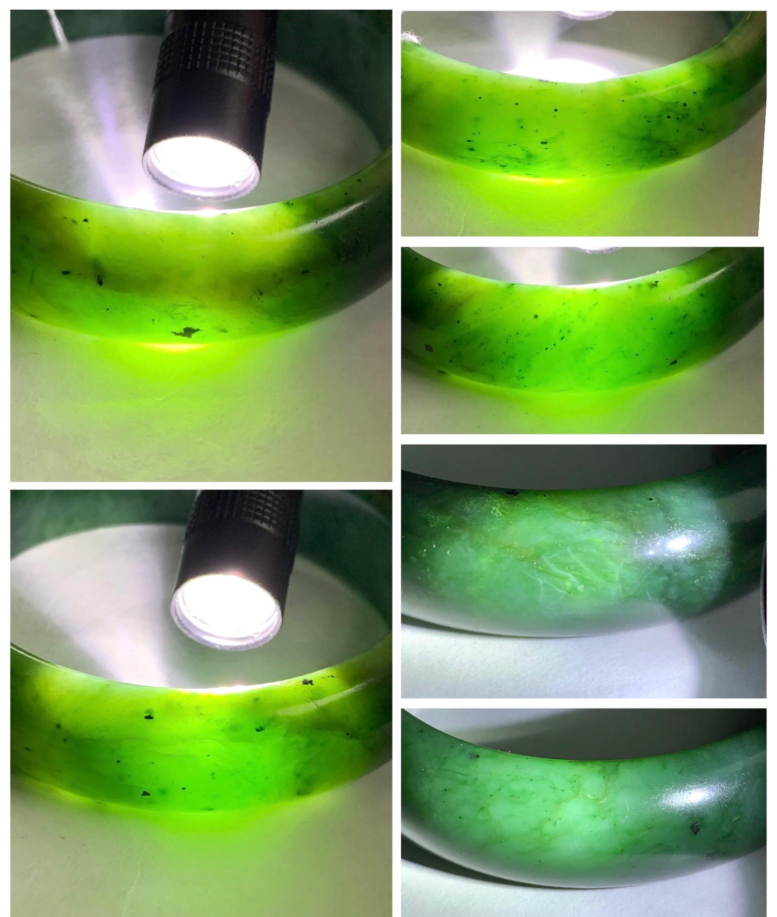 Certified Natural Nephrite Jade Translucent Dark Green Bangle Bracelet 62.89mm 7.75” 107g 天然和田玉菠菜绿轮胎宽手镯 156