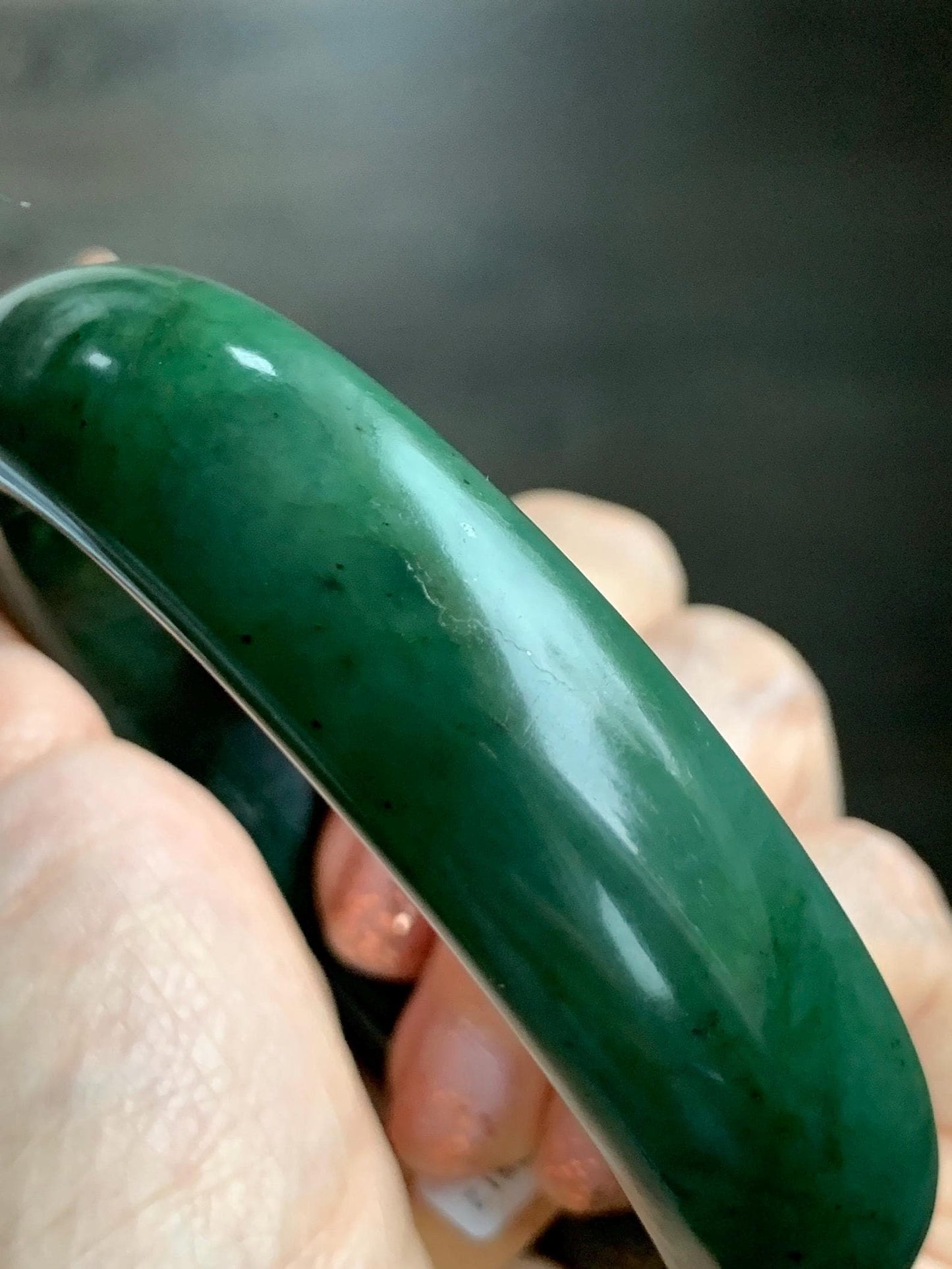 Certified Natural Nephrite Jade Translucent Dark Green Bangle Bracelet 62.89mm 7.75” 107g 天然和田玉菠菜绿轮胎宽手镯 156
