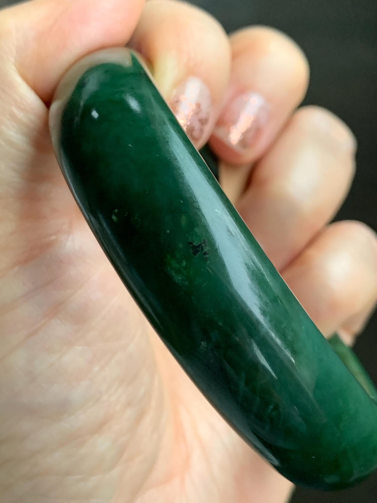 Certified Natural Nephrite Jade Translucent Dark Green Bangle Bracelet 62.89mm 7.75” 107g 天然和田玉菠菜绿轮胎宽手镯 156