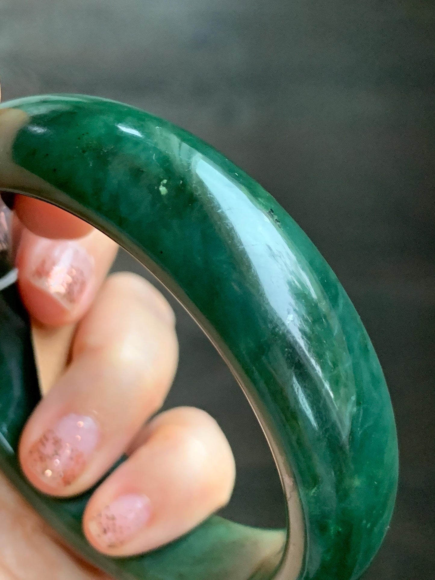 Certified Natural Nephrite Jade Translucent Dark Green Bangle Bracelet 62.89mm 7.75” 107g 天然和田玉菠菜绿轮胎宽手镯 156