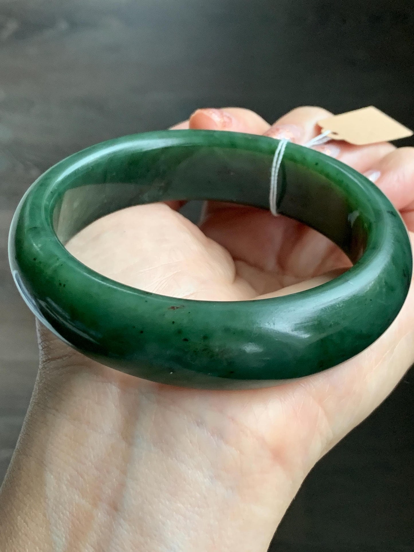 Certified Natural Nephrite Jade Translucent Dark Green Bangle Bracelet 62.89mm 7.75” 107g 天然和田玉菠菜绿轮胎宽手镯 156