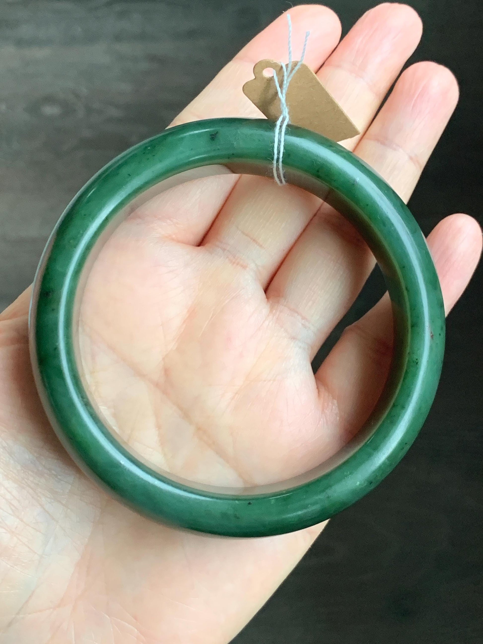 Certified Natural Nephrite Jade Translucent Dark Green Bangle Bracelet 62.89mm 7.75” 107g 天然和田玉菠菜绿轮胎宽手镯 156