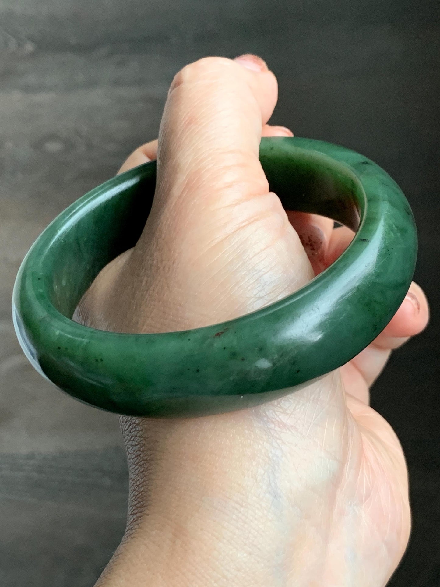 Certified Natural Nephrite Jade Translucent Dark Green Bangle Bracelet 62.89mm 7.75” 107g 天然和田玉菠菜绿轮胎宽手镯 156
