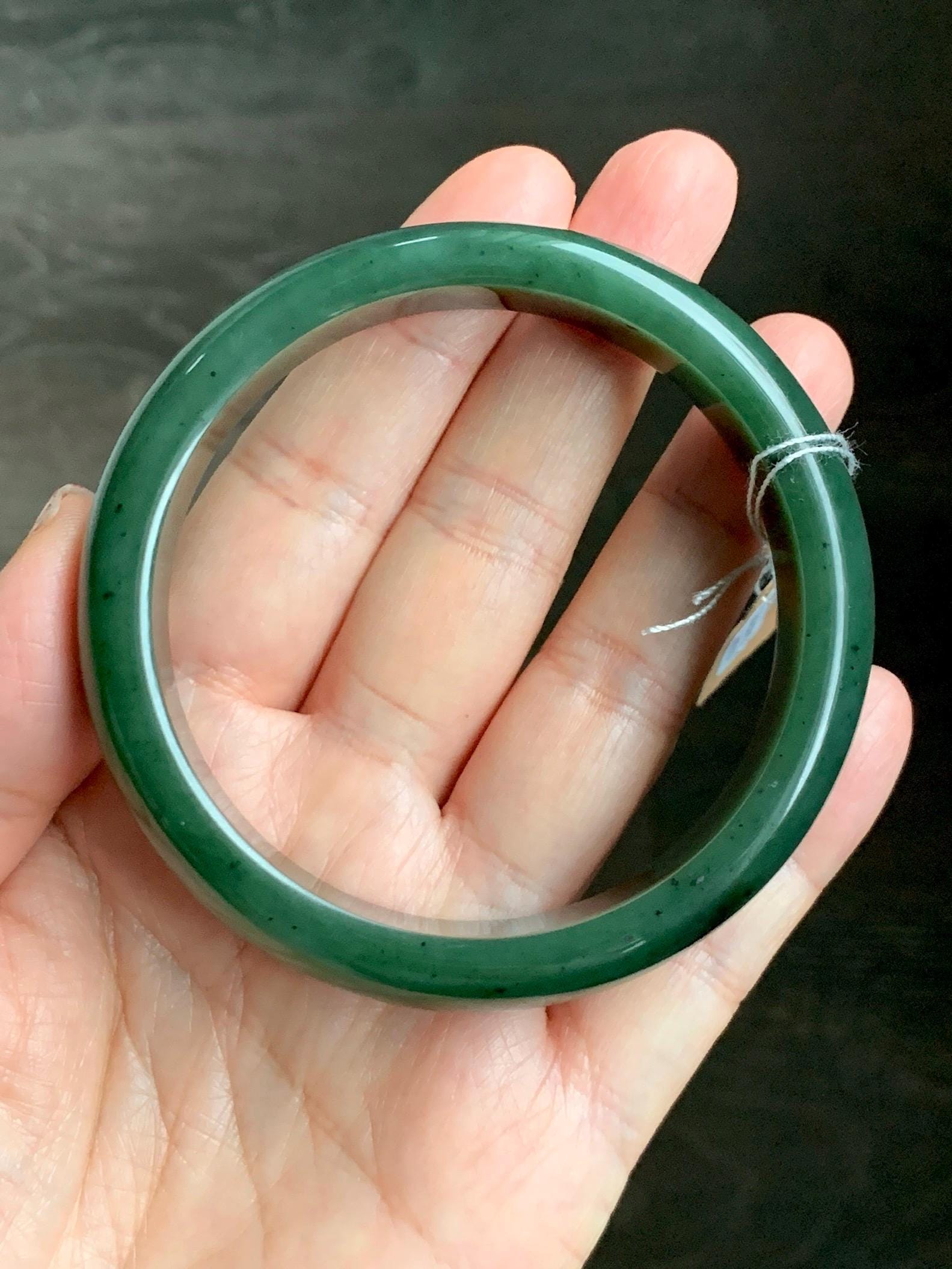 Certified Natural Nephrite Jade Translucent Dark Green Bangle Bracelet 60.1mm 7.4” 81g 天然和田玉菠菜绿轮胎宽手镯 157