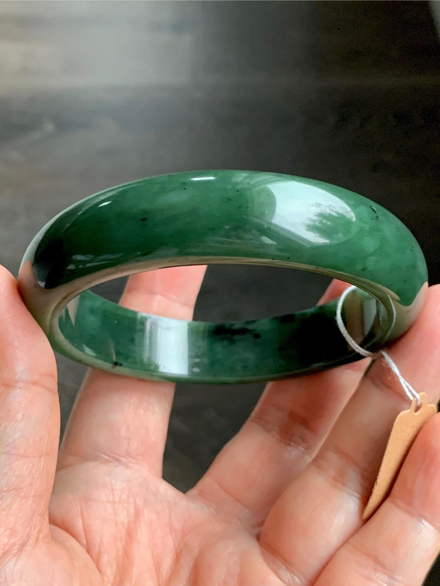 Certified Natural Nephrite Jade Translucent Dark Green Bangle Bracelet 60.1mm 7.4” 81g 天然和田玉菠菜绿轮胎宽手镯 157