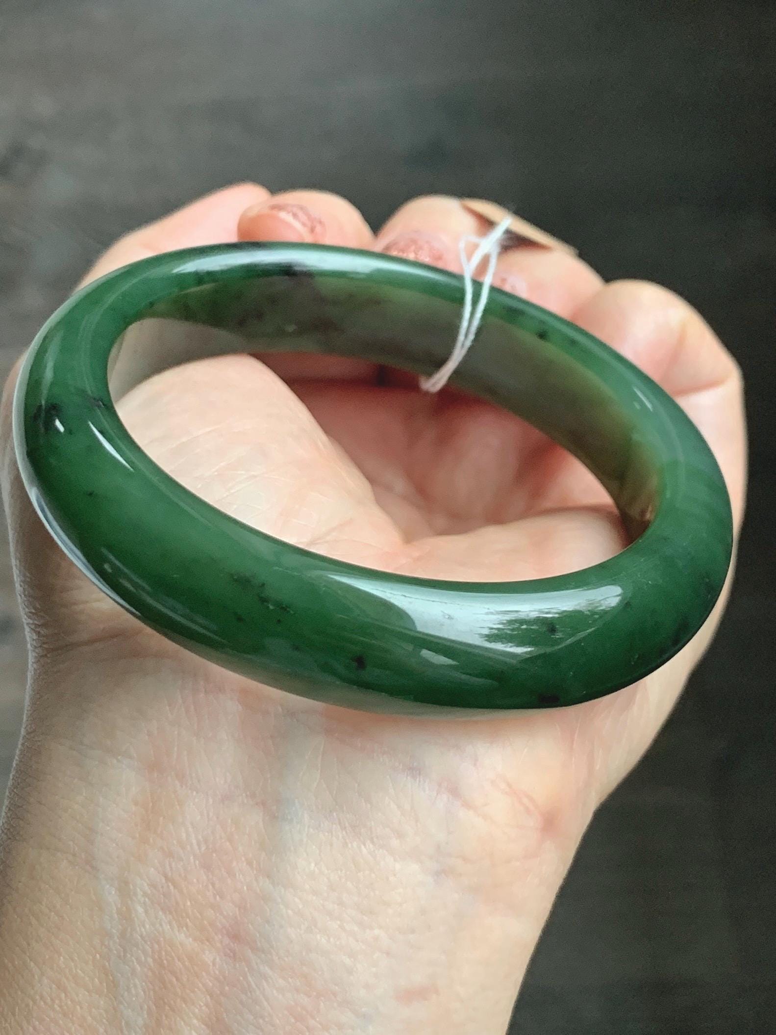 Certified Natural Nephrite Jade Translucent Dark Green Bangle Bracelet 58.7mm 7.25” 83g 天然和田玉菠菜绿轮胎宽手镯 152