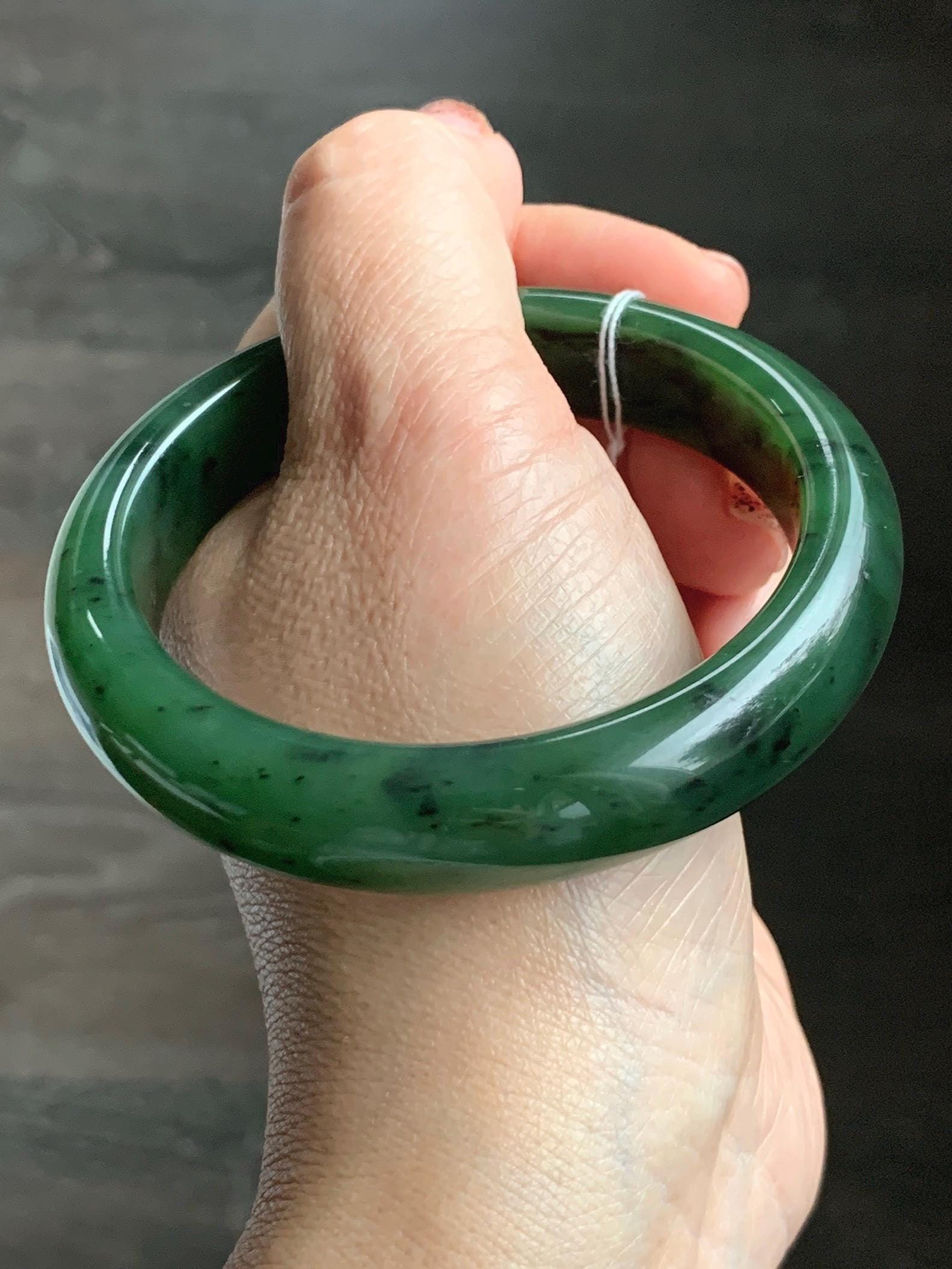 Certified Natural Nephrite Jade Translucent Dark Green Bangle Bracelet 58.7mm 7.25” 83g 天然和田玉菠菜绿轮胎宽手镯 152