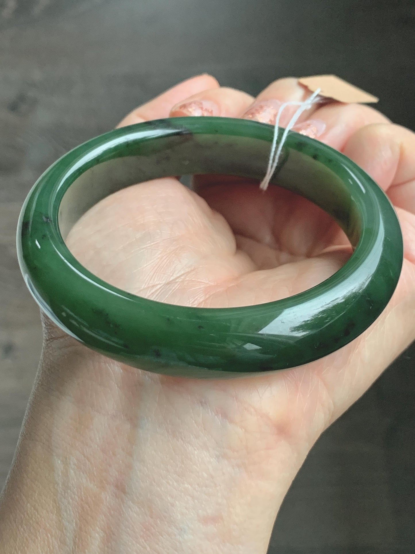 Certified Natural Nephrite Jade Translucent Dark Green Bangle Bracelet 58.7mm 7.25” 83g 天然和田玉菠菜绿轮胎宽手镯 152