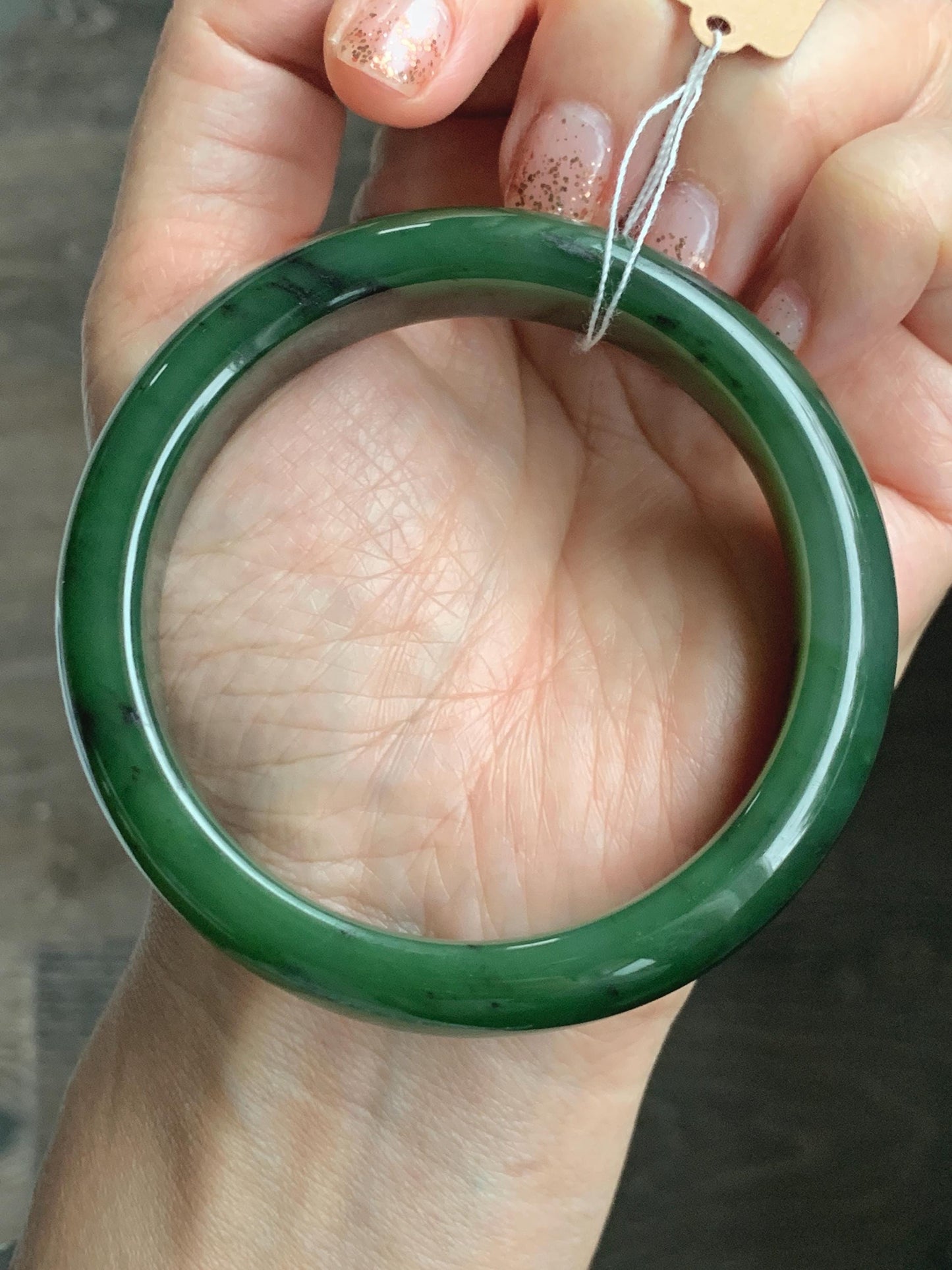 Certified Natural Nephrite Jade Translucent Dark Green Bangle Bracelet 58.7mm 7.25” 83g 天然和田玉菠菜绿轮胎宽手镯 152