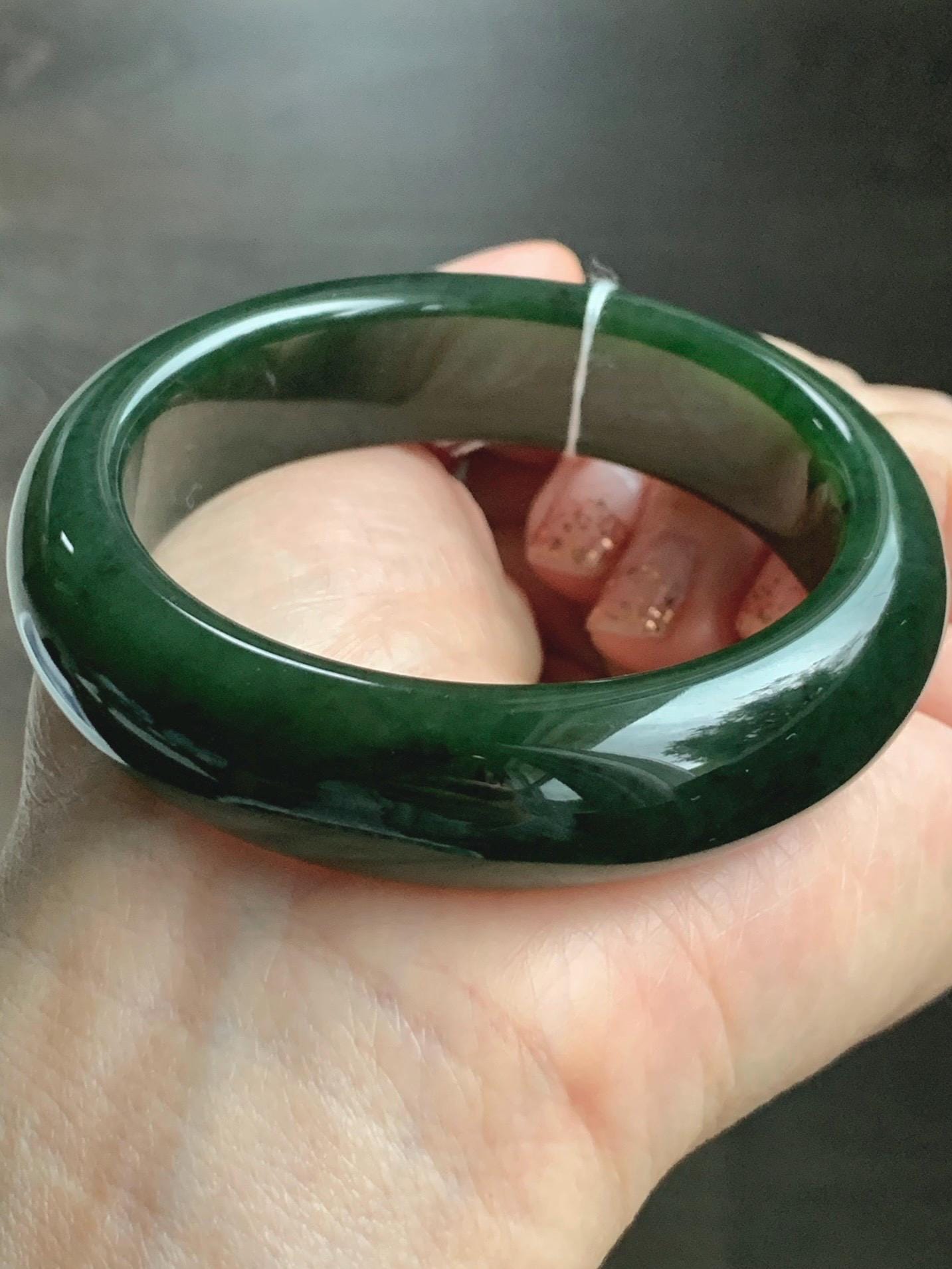 Certified Natural Nephrite Jade Translucent Dark Green Bangle Bracelet 53.94mm 6.66” 70g 天然和田玉菠菜绿轮胎宽手镯 146