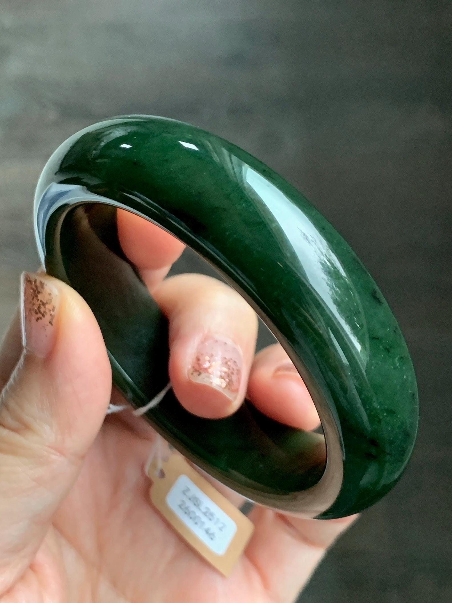 Certified Natural Nephrite Jade Translucent Dark Green Bangle Bracelet 53.94mm 6.66” 70g 天然和田玉菠菜绿轮胎宽手镯 146