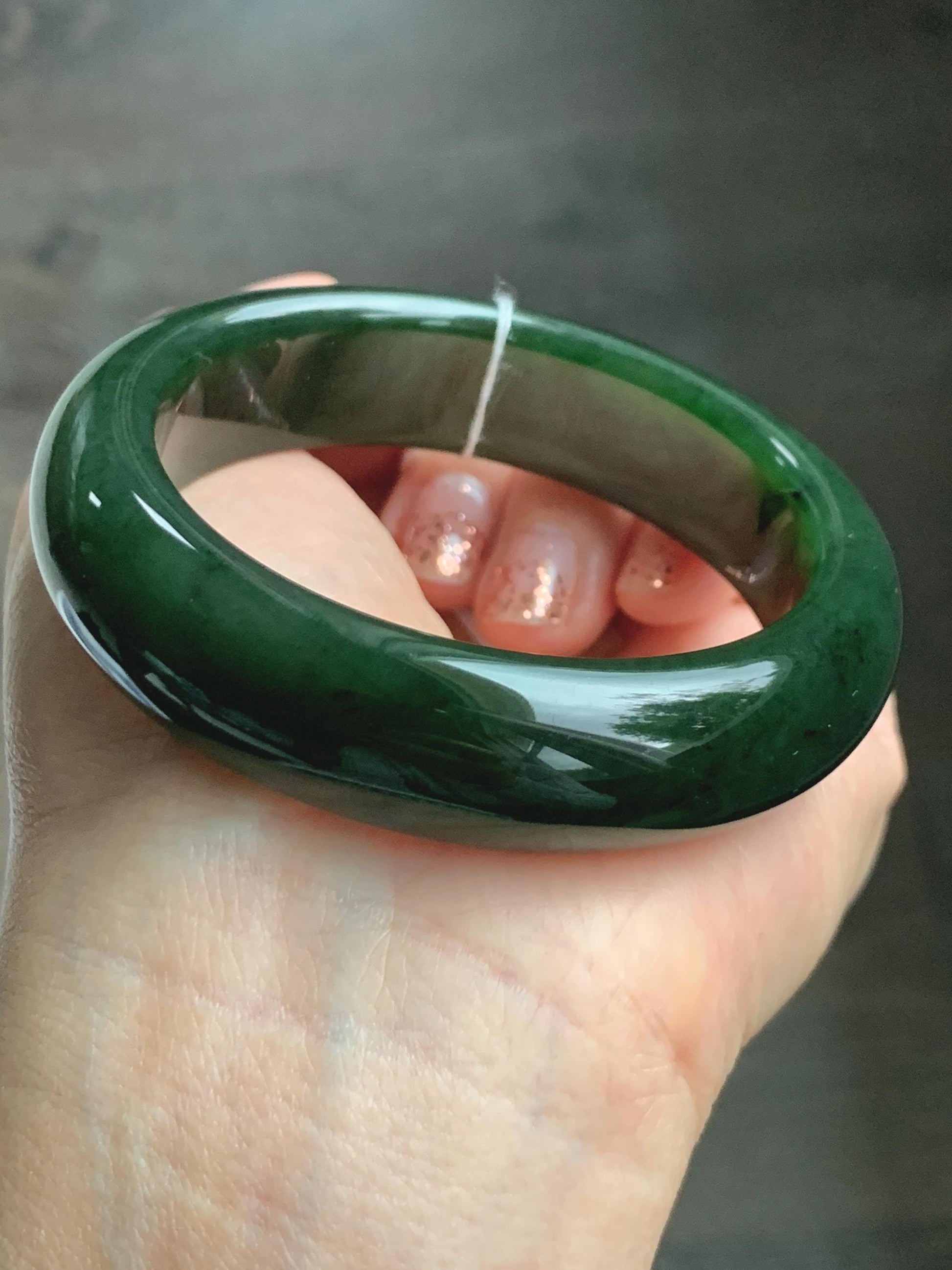 Certified Natural Nephrite Jade Translucent Dark Green Bangle Bracelet 53.94mm 6.66” 70g 天然和田玉菠菜绿轮胎宽手镯 146