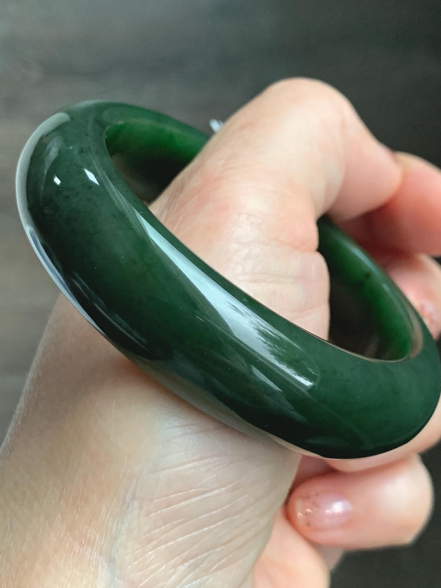 Certified Natural Nephrite Jade Translucent Dark Green Bangle Bracelet 53.94mm 6.66” 70g 天然和田玉菠菜绿轮胎宽手镯 146