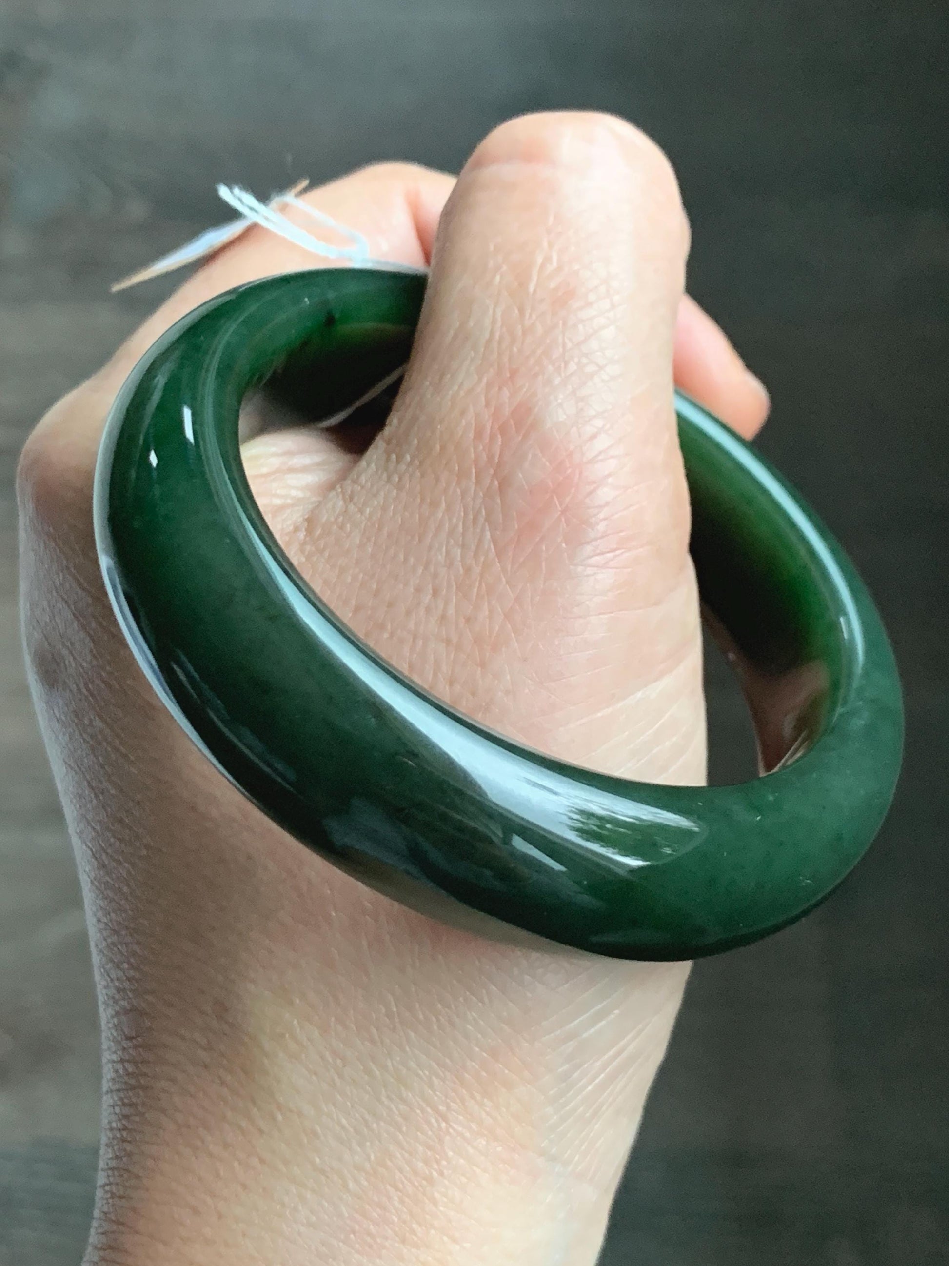 Certified Natural Nephrite Jade Translucent Dark Green Bangle Bracelet 53.94mm 6.66” 70g 天然和田玉菠菜绿轮胎宽手镯 146