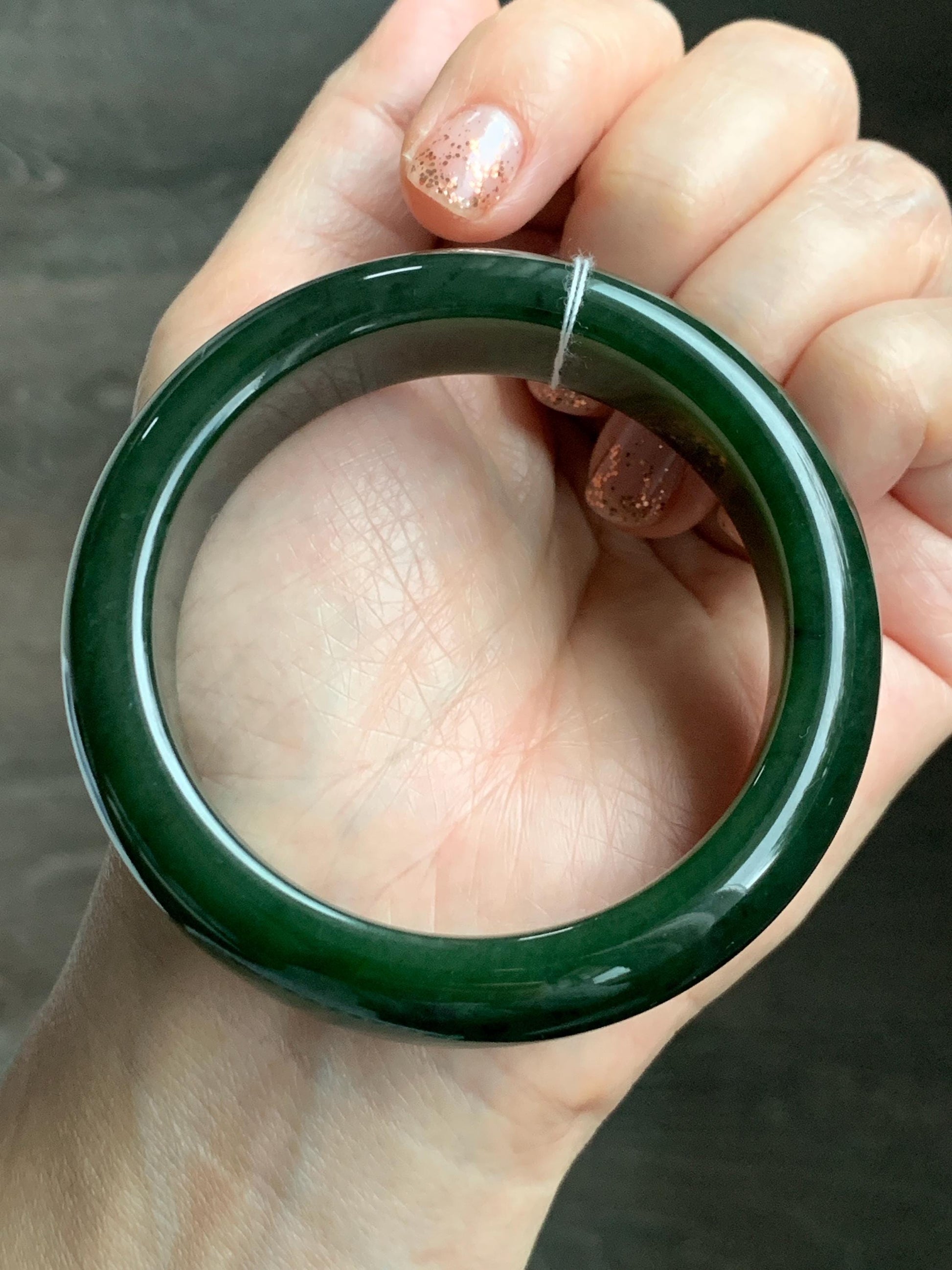 Certified Natural Nephrite Jade Translucent Dark Green Bangle Bracelet 53.94mm 6.66” 70g 天然和田玉菠菜绿轮胎宽手镯 146