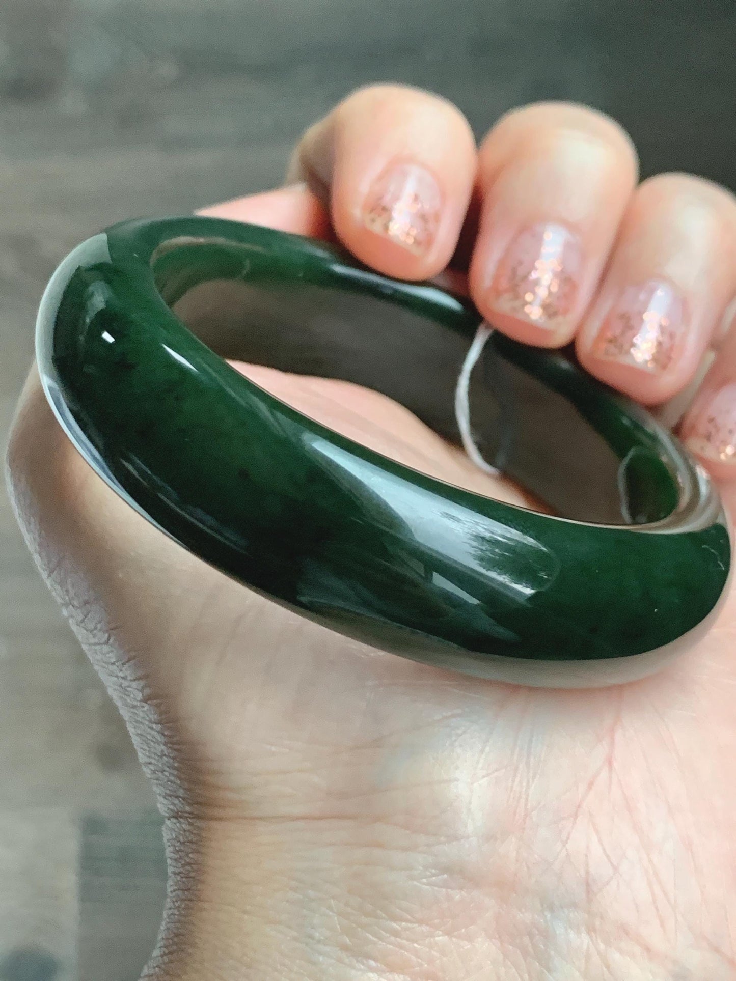 Certified Natural Nephrite Jade Translucent Dark Green Bangle Bracelet 53.94mm 6.66” 70g 天然和田玉菠菜绿轮胎宽手镯 146