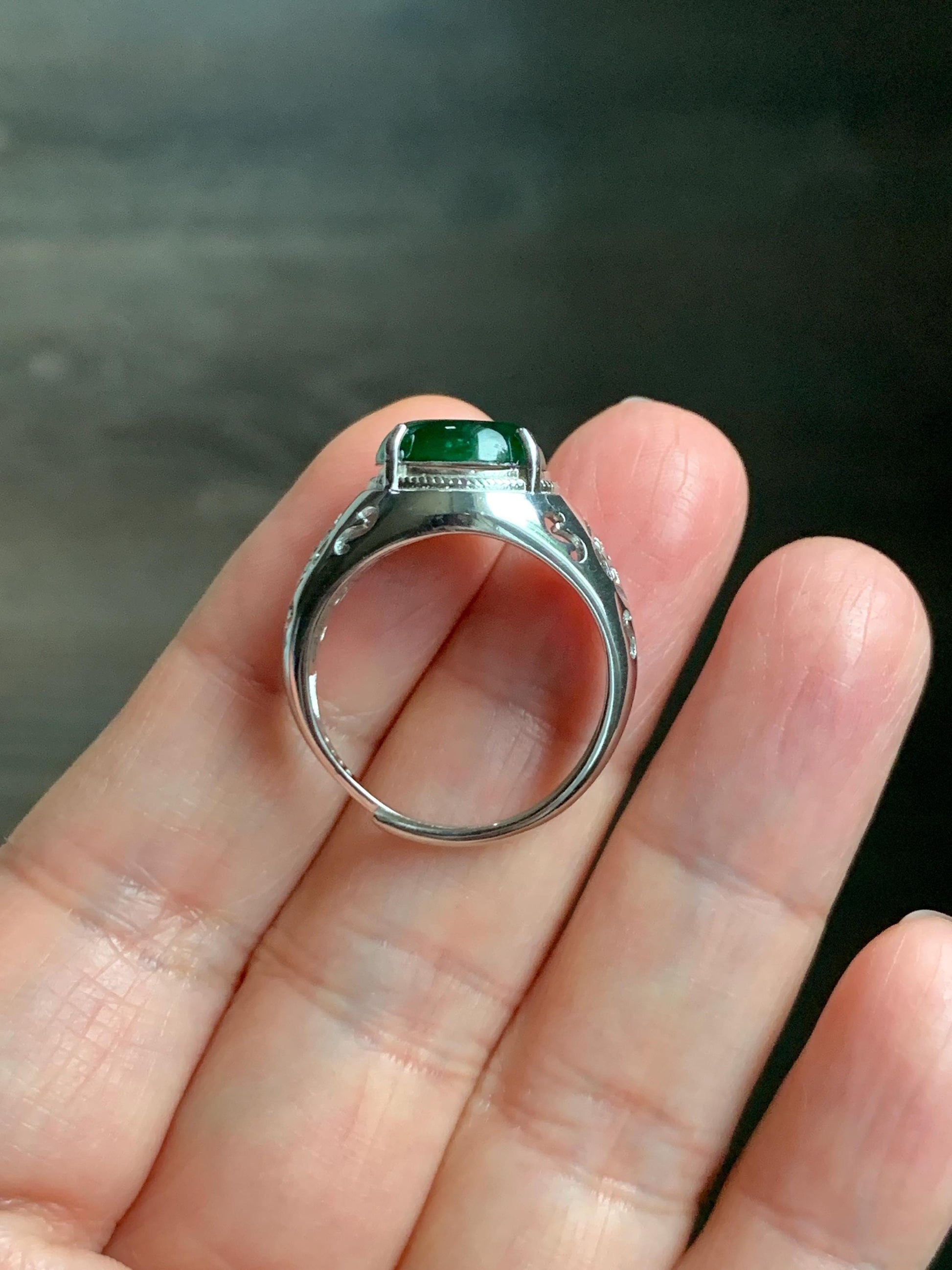 Natural Grade A Guatemalan Icy Vibrant Green Jade Jadeite Donut Ping An Kou Ring Sterling Silver Size 8.25 Adjustable 天然冰危绿翡翠平安扣银镶戒指 WLK165