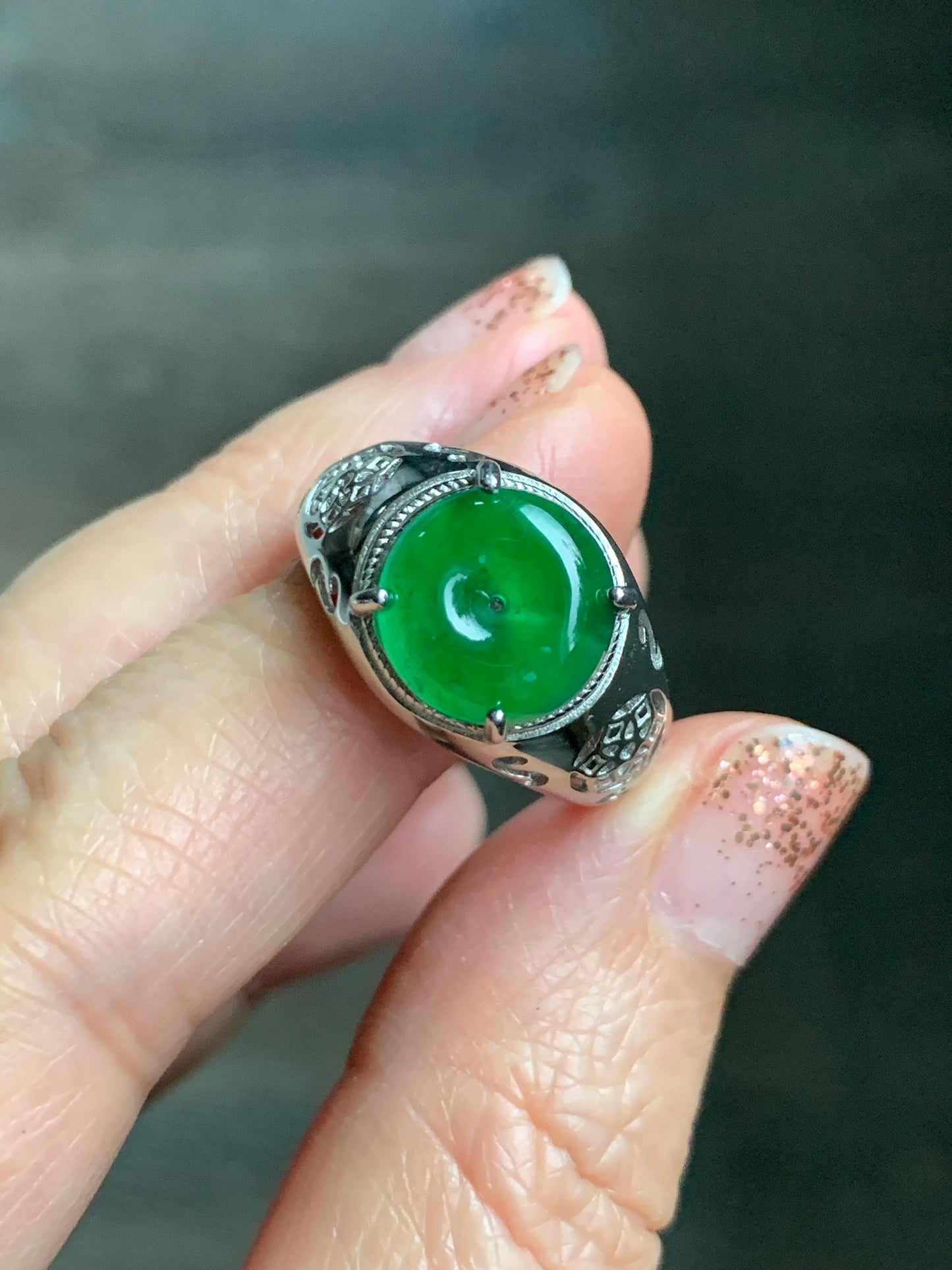 Natural Grade A Guatemalan Icy Vibrant Green Jade Jadeite Donut Ping An Kou Ring Sterling Silver Size 8.25 Adjustable 天然冰危绿翡翠平安扣银镶戒指 WLK165