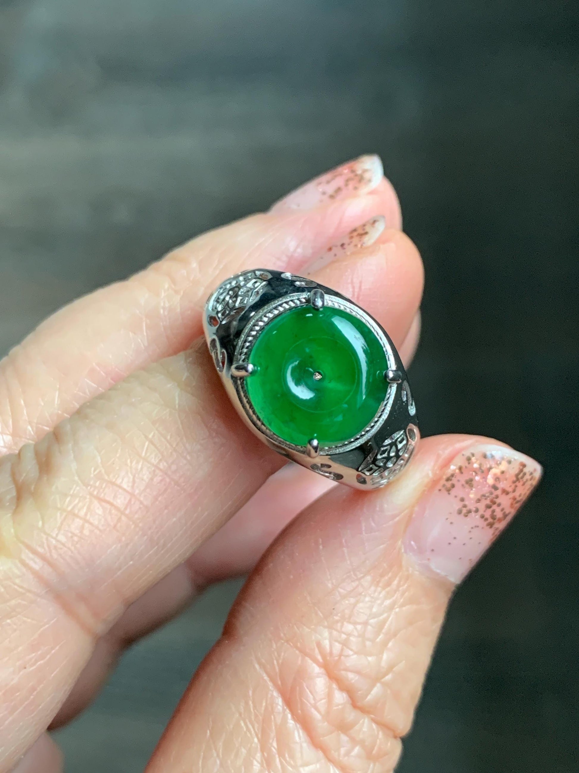 Natural Grade A Guatemalan Icy Vibrant Green Jade Jadeite Donut Ping An Kou Ring Sterling Silver Size 8.25 Adjustable 天然冰危绿翡翠平安扣银镶戒指 WLK165