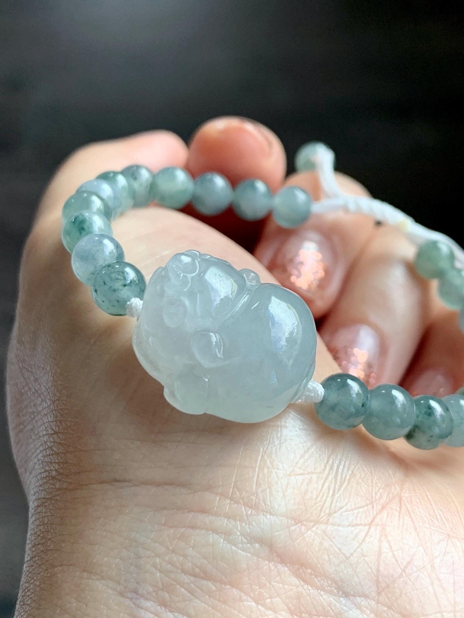 Natural Grade A Icy Translucent Pastel Green Jade Jadeite Carved Three-legged Toad Beaded Bracelet 6.5” 18g 天然糯冰淡绿底翡翠肥三脚金蟾手串 BSJ216