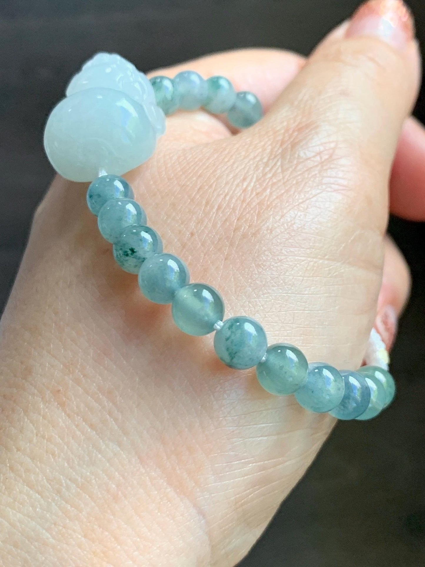Natural Grade A Icy Translucent Pastel Green Jade Jadeite Carved Three-legged Toad Beaded Bracelet 6.5” 18g 天然糯冰淡绿底翡翠肥三脚金蟾手串 BSJ216